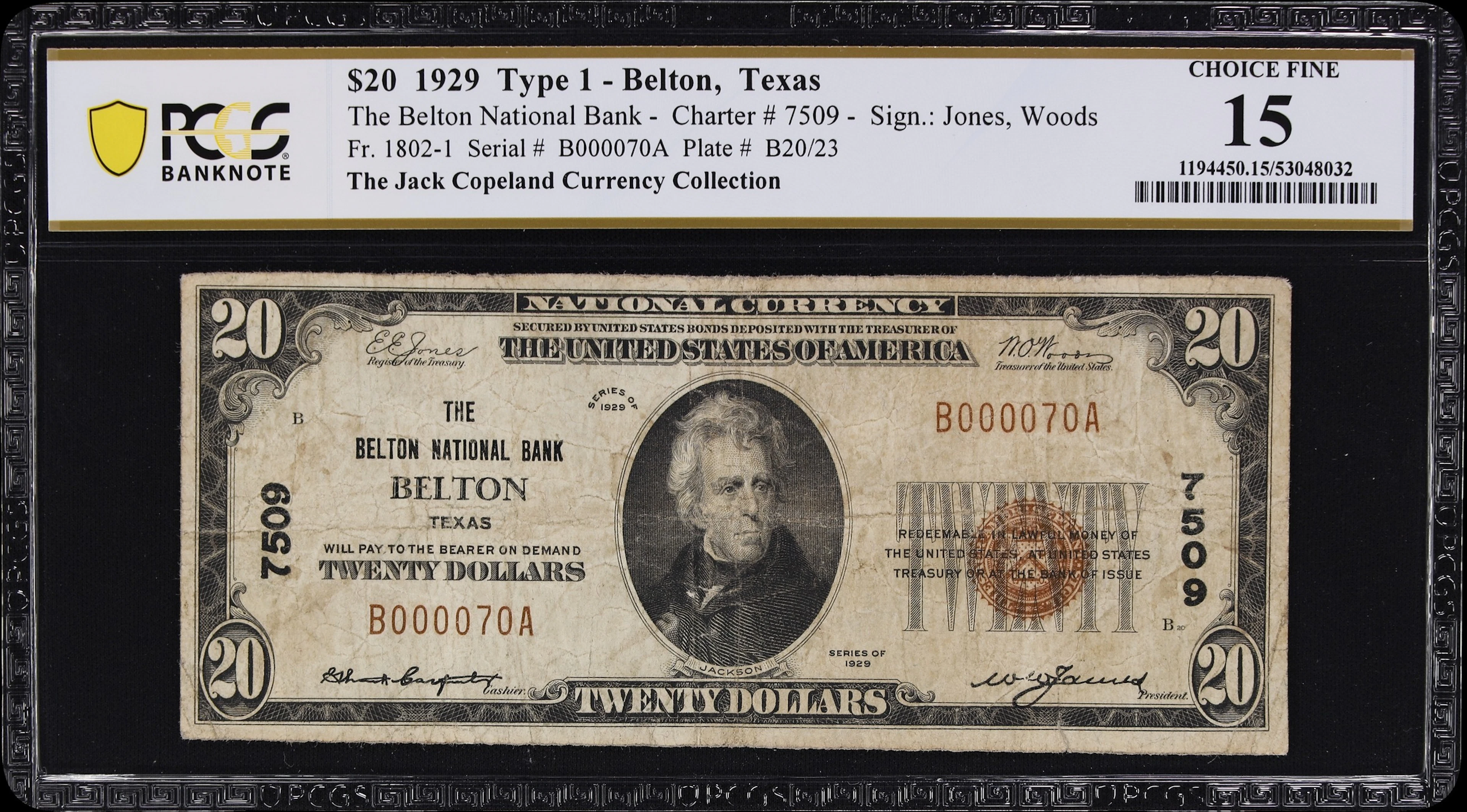 Belton, Texas. $20 1929 Ty. 1. Fr. 1802-1. Belton NB. Charter #7509.