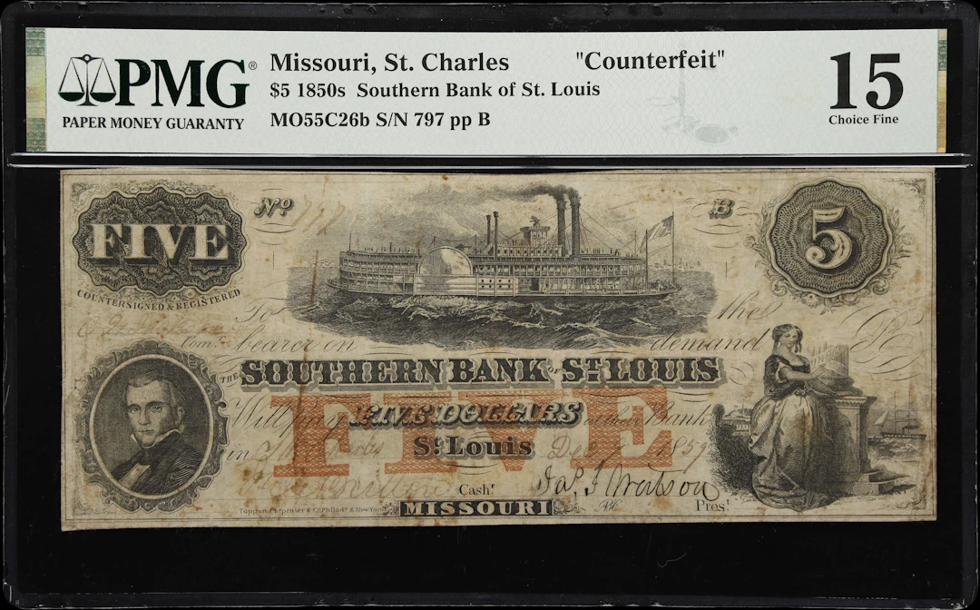 St. Charles, Missouri. Southern Bank of St. Louis. 1859 $5. PMG Choice