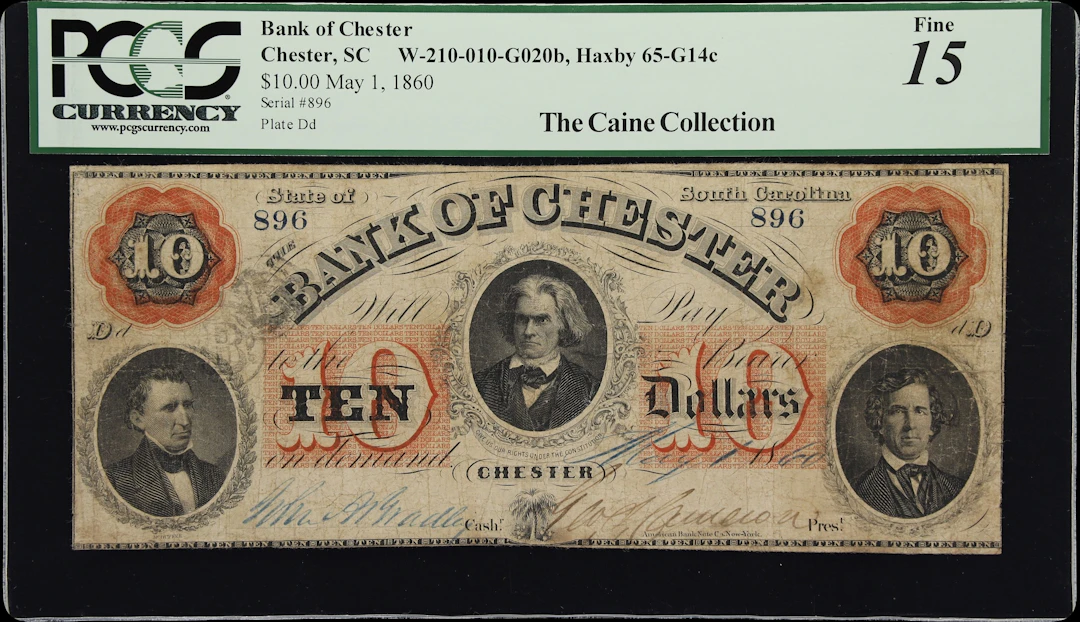 Chester, South Carolina, Bank of Chester. 1860 $10. PCGS Currency Fine 15.