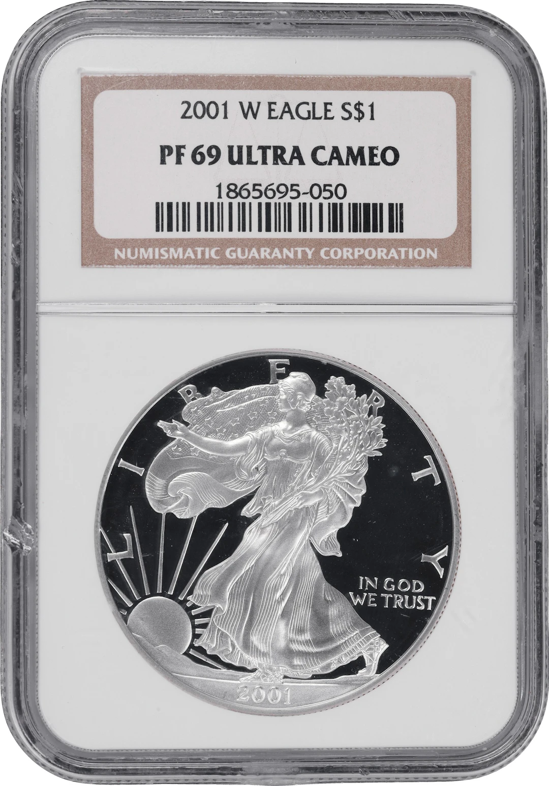 (1 oz, 31.104 g ASW). 2001-W American Silver Eagle. PF-69 Ultra Cameo (NGC).