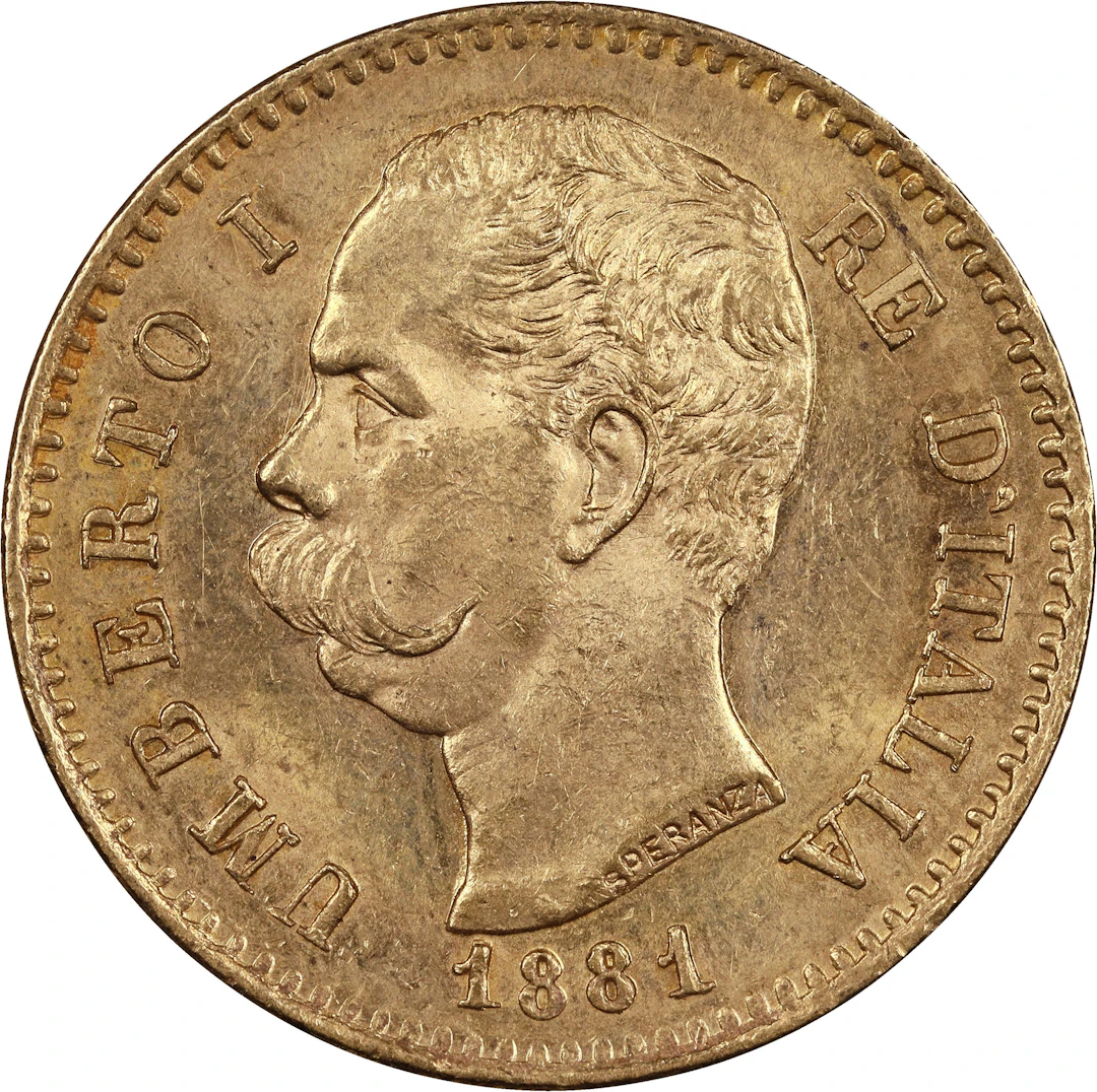 (0.187 oz, 5.816 g AGW). Italy. 1881-R Gold 20 Lire.