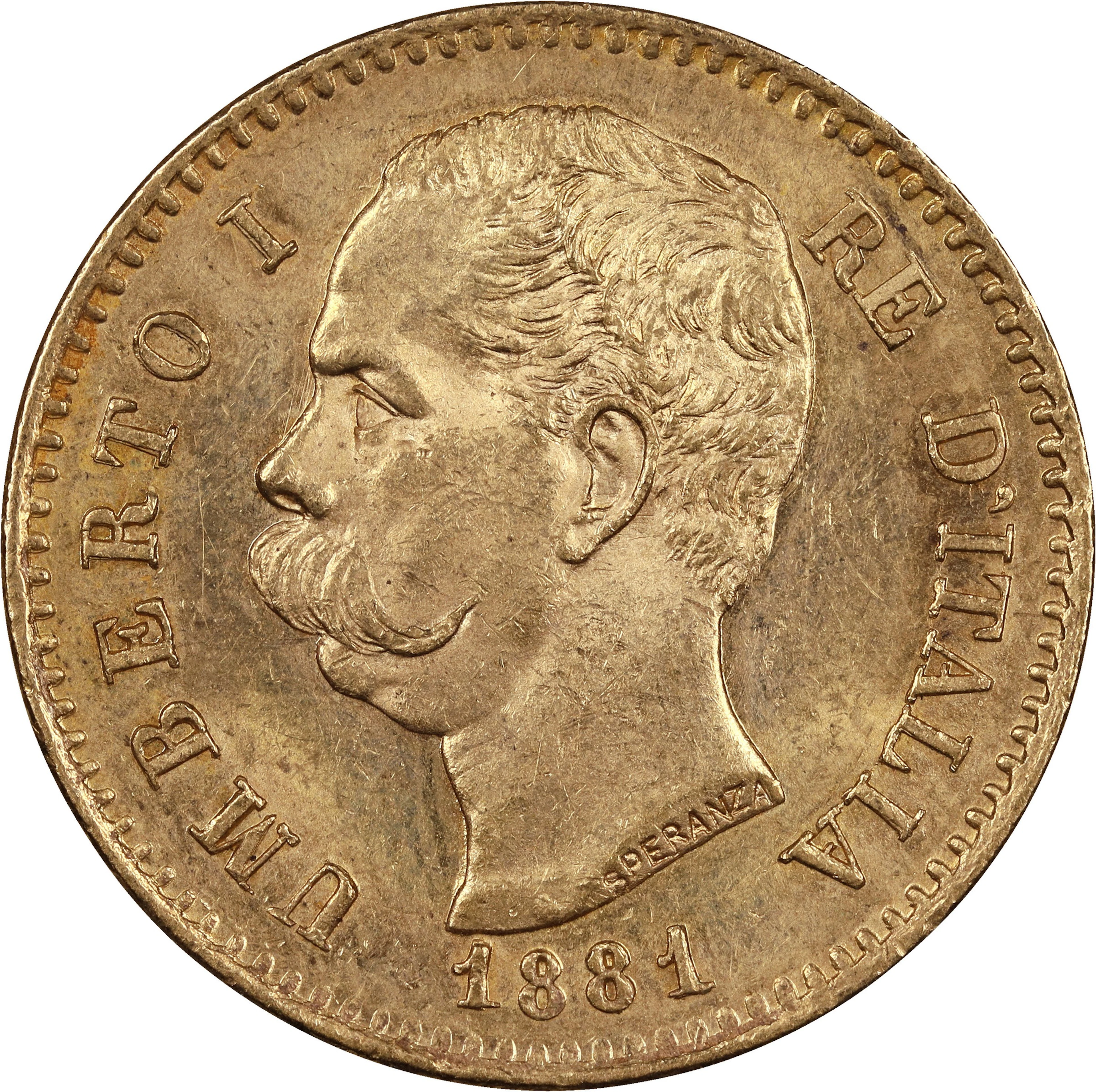 (0.187 oz, 5.816 g AGW). Italy. 1881-R Gold 20 Lire.