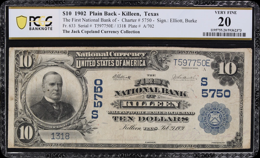 Killeen, Texas. $10 1902 Plain Back. Fr. 633. First NB. Charter #5750.