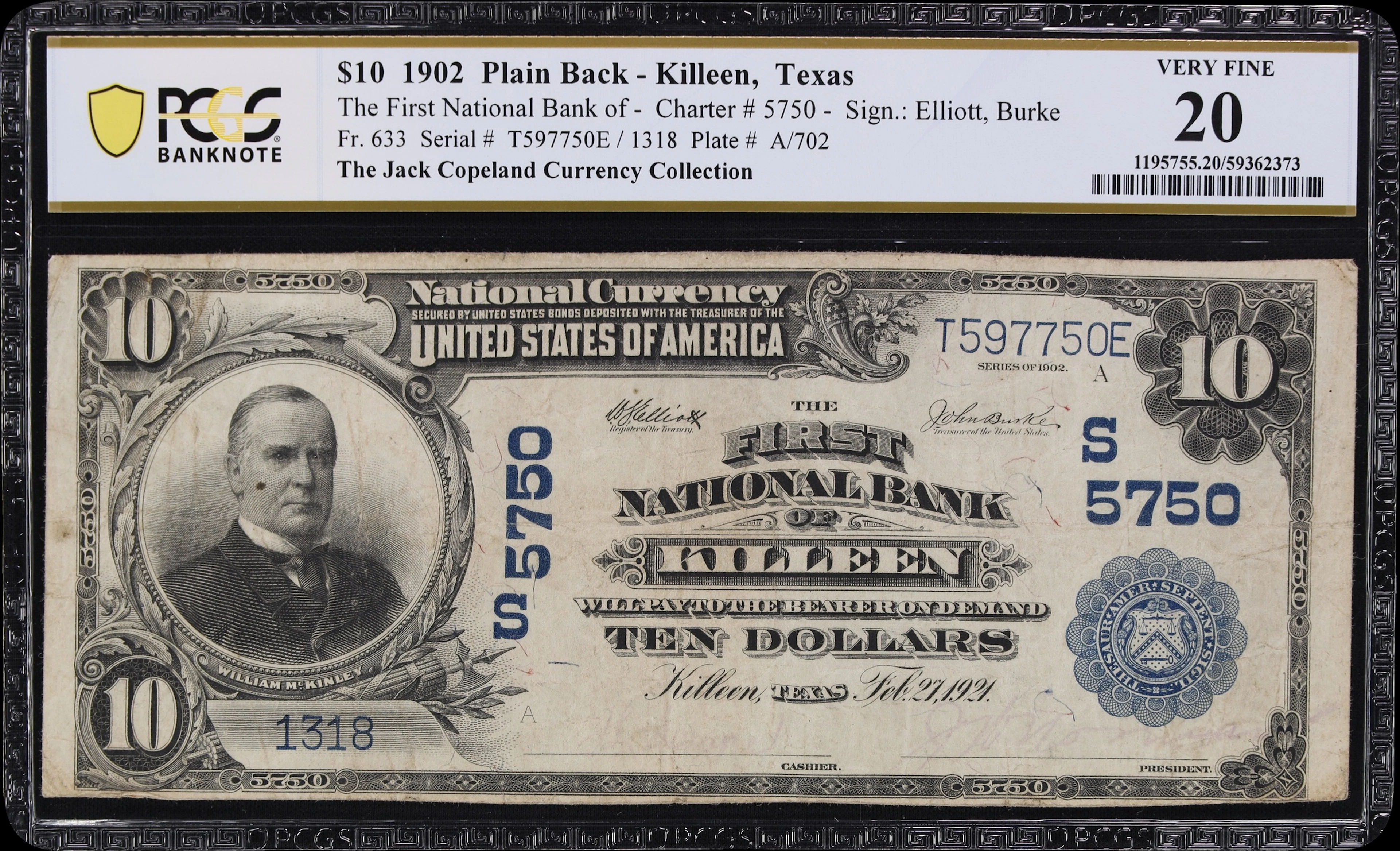 Killeen, Texas. $10 1902 Plain Back. Fr. 633. First NB. Charter #5750.