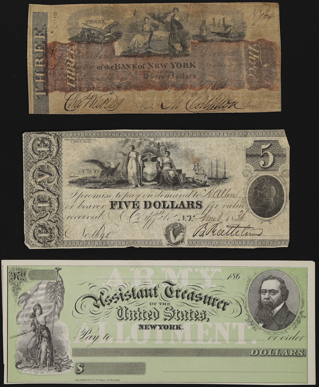 Lot of (3) New York Obsoletes. Mixed Issuers. 1816 - 60s $3 & $5.
