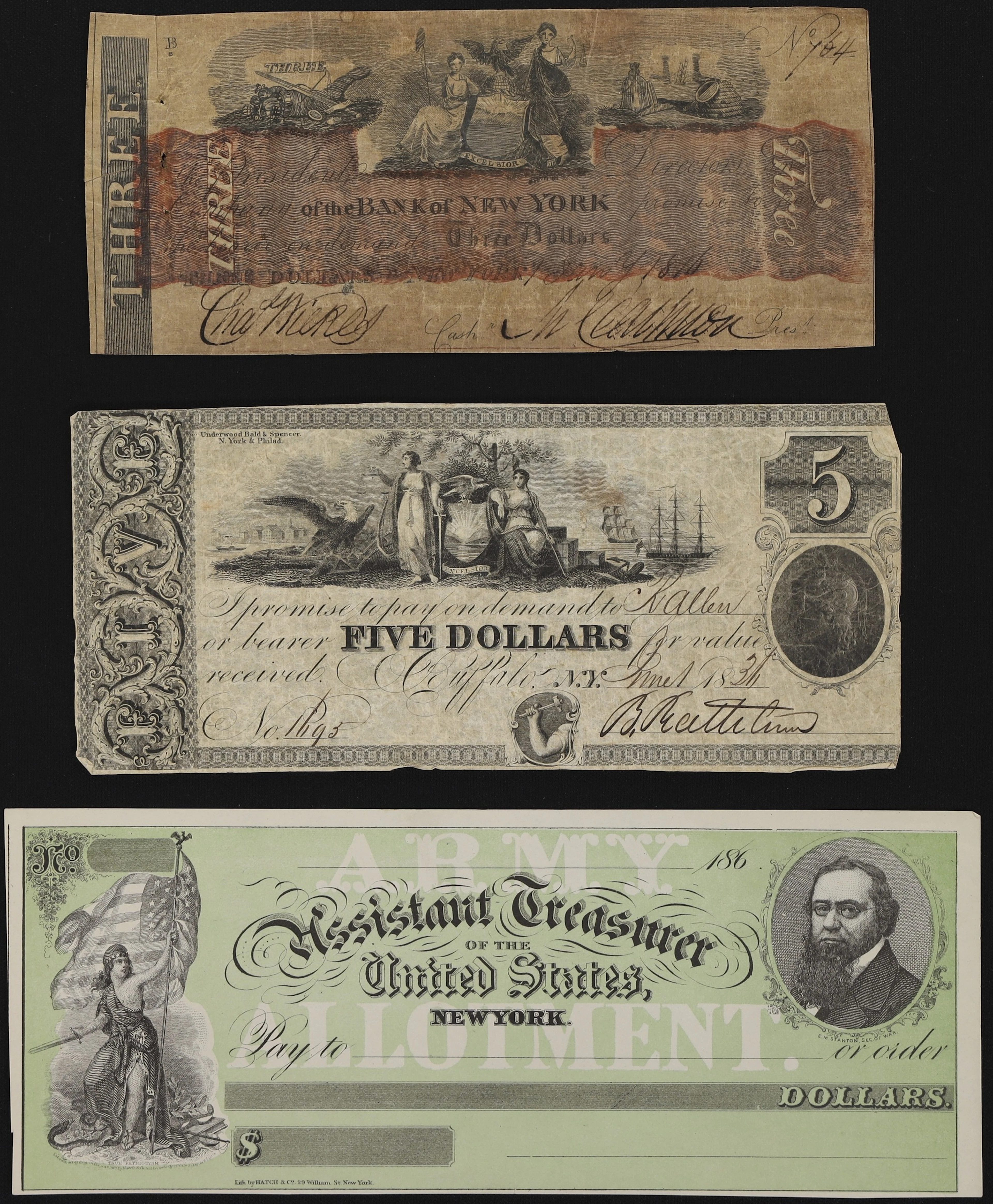 Lot of (3) New York Obsoletes. Mixed Issuers. 1816 - 60s $3 & $5.