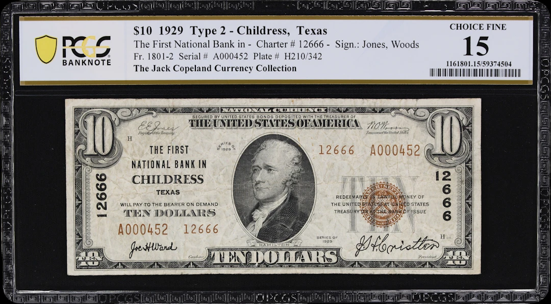Childress, Texas. $10 1929 Ty. 2. Fr. 1801-2. First NB. Charter #12666.