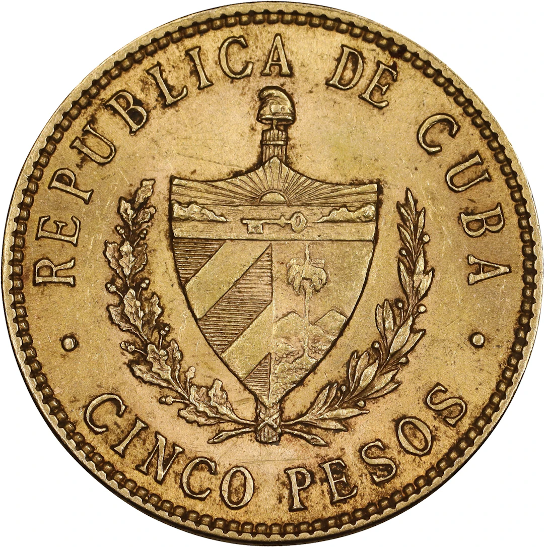 (0.242 oz, 7.527 g AGW). Cuba. 1916 Gold 5 Pesos.