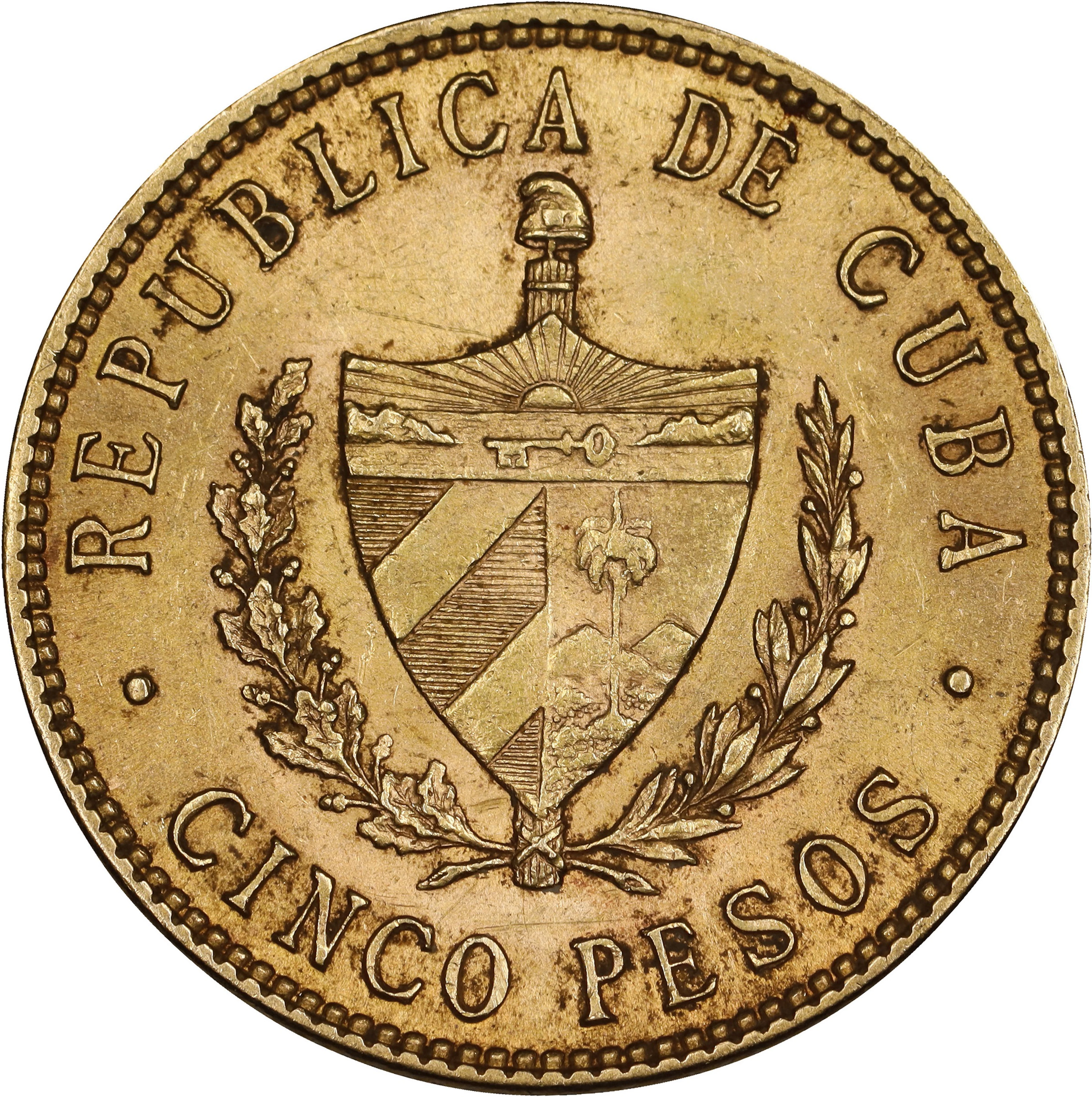 (0.242 oz, 7.527 g AGW). Cuba. 1916 Gold 5 Pesos.