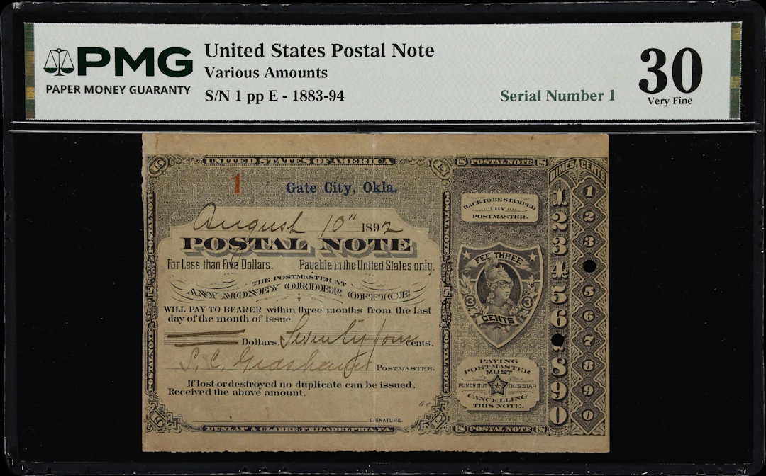 Gate City, Oklahoma. 1892 74 Cents. Postal Note. PMG Very Fine 30.