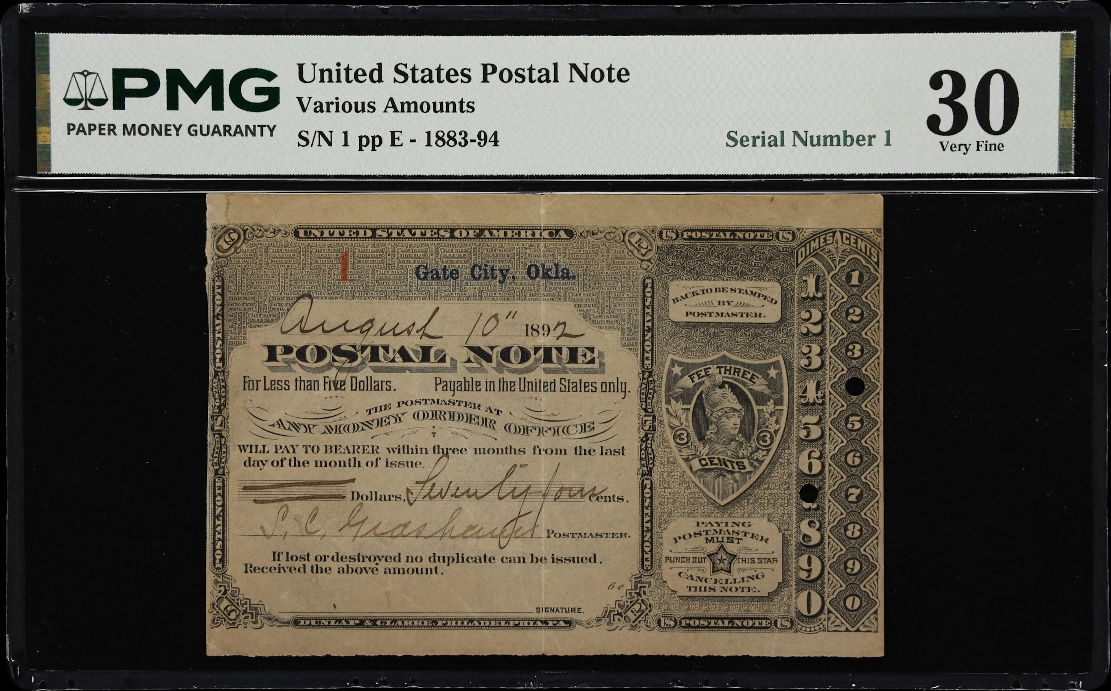 Gate City, Oklahoma Territory. 1892 74 Cents. Postal Note. PMG Very