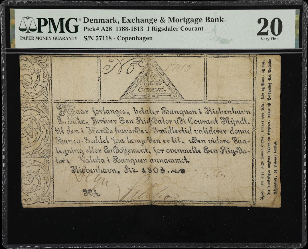 (◊) DENMARK. Exchange & Mortgage Bank. 1 Rigsdaler Courant, 1803.