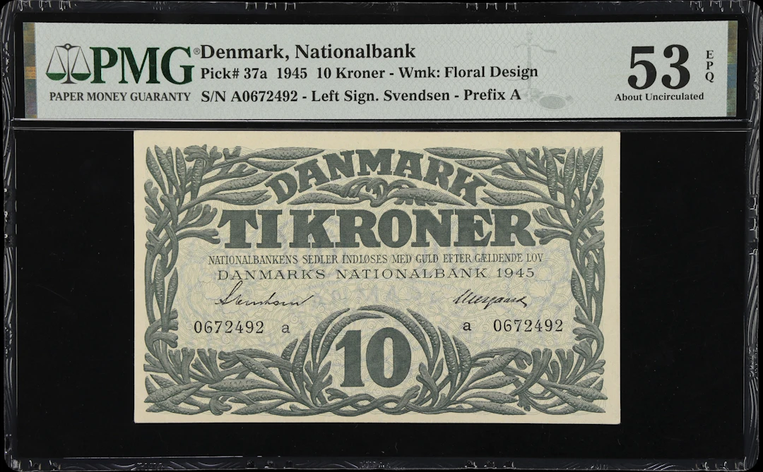 (◊) DENMARK. Danmarks Nationalbank. 10 Kroner, 1945. P-37a. PMG About