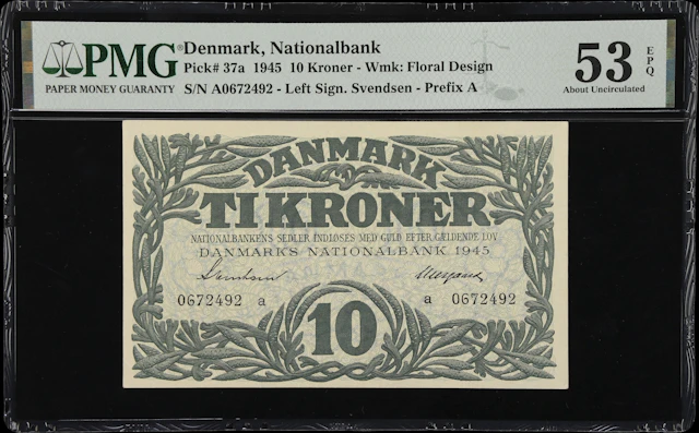 (◊) DENMARK. Danmarks Nationalbank. 10 Kroner, 1945. P-37a. PMG About