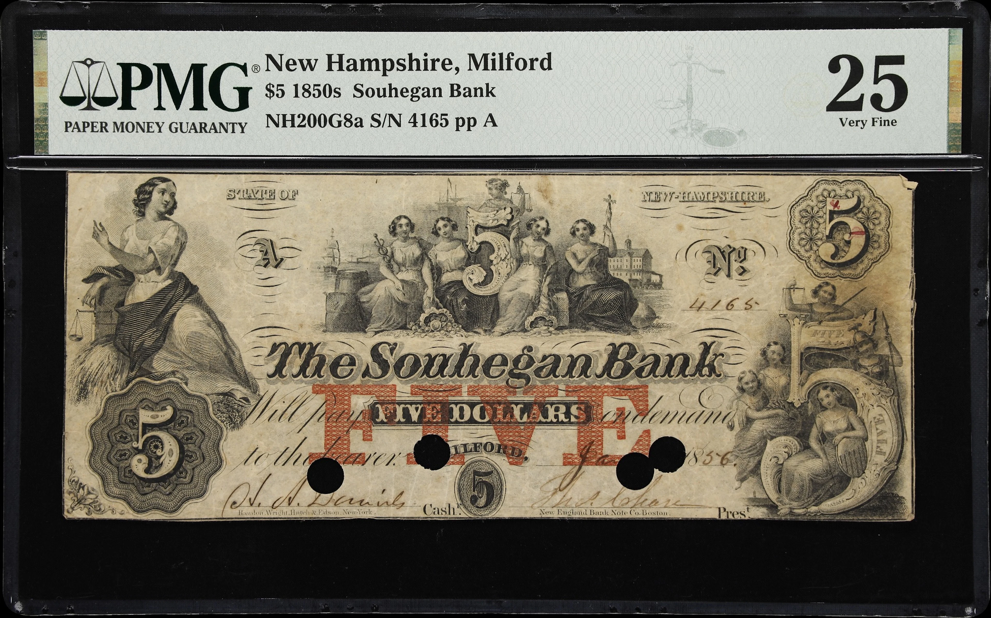 Milford, New Hampshire. Souhegan Bank. 1856 $5. PMG Very Fine 25.