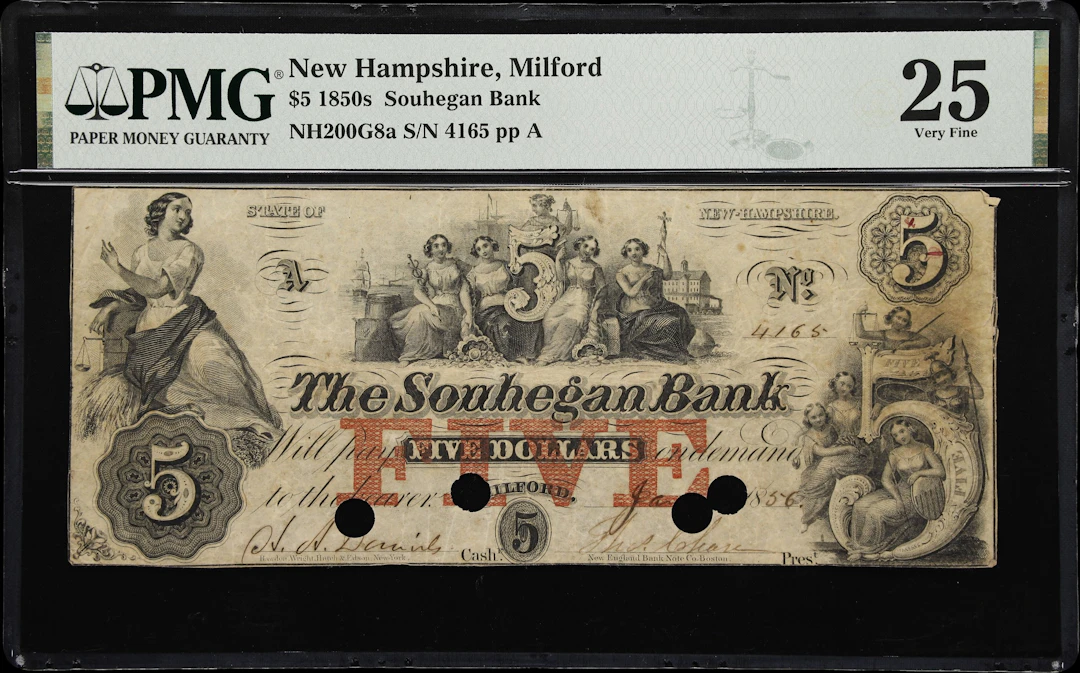Milford, New Hampshire. Souhegan Bank. 1856 $5. PMG Very Fine 25.