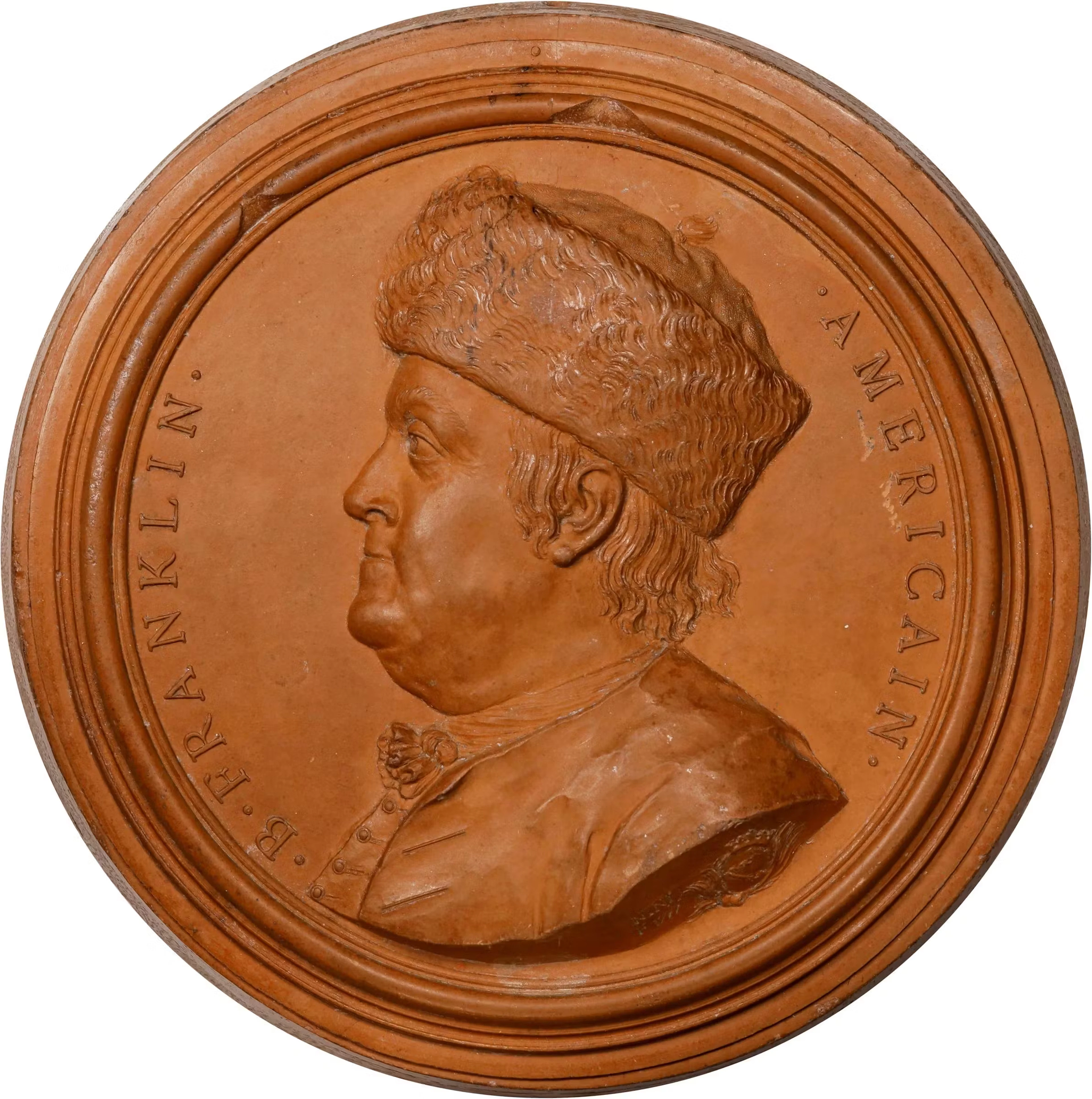 1777 B. Franklin Américain Portrait Medallion. Fur Cap. By Jean-Baptiste