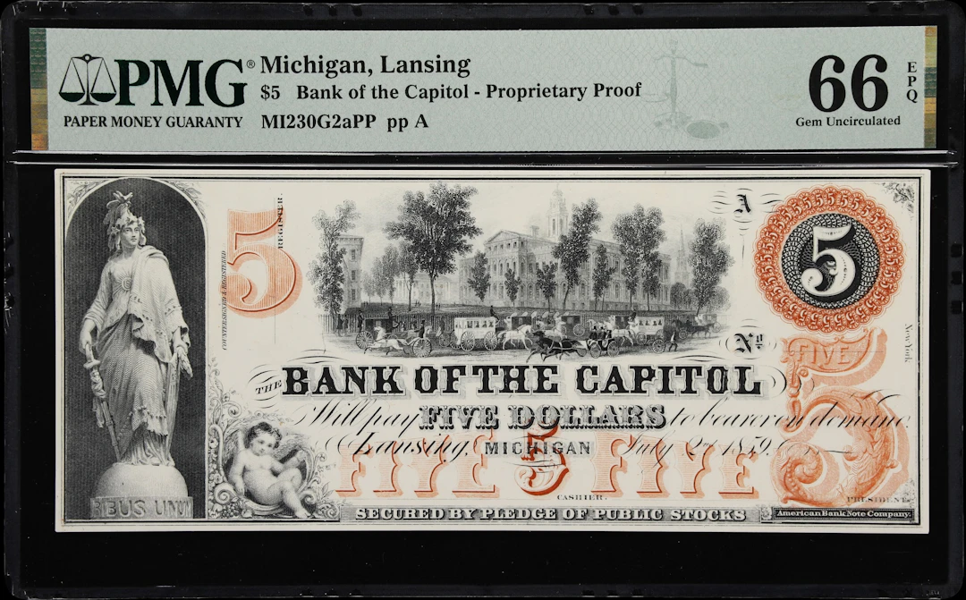 Lansing, Michigan. Bank of the Capitol. 1859 $5. PMG Gem Uncirculated