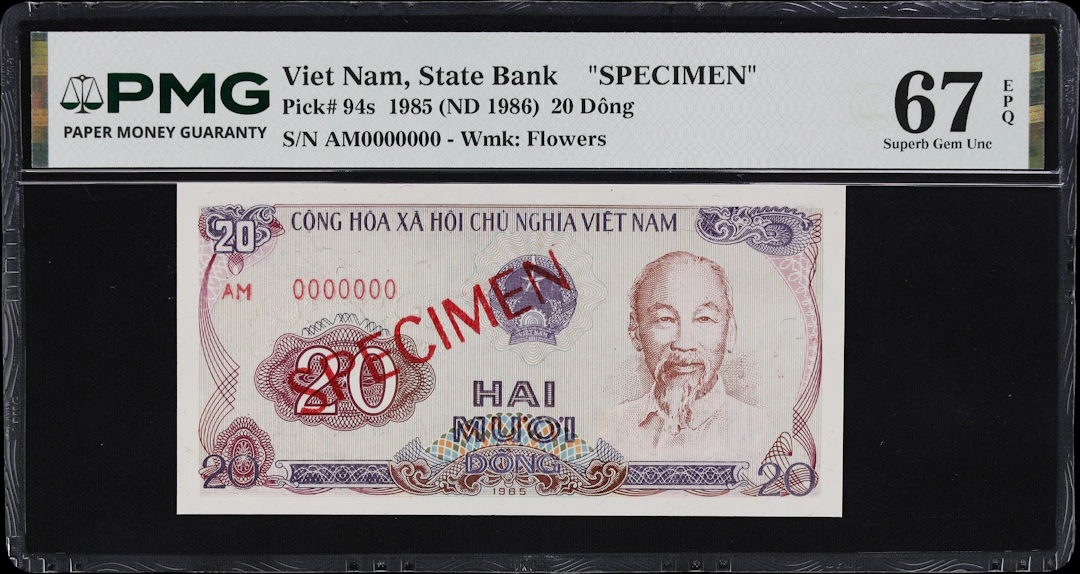 VIETNAM. State Bank of Vietnam. 20 Dong, 1985. P-94s. Specimen. PMG