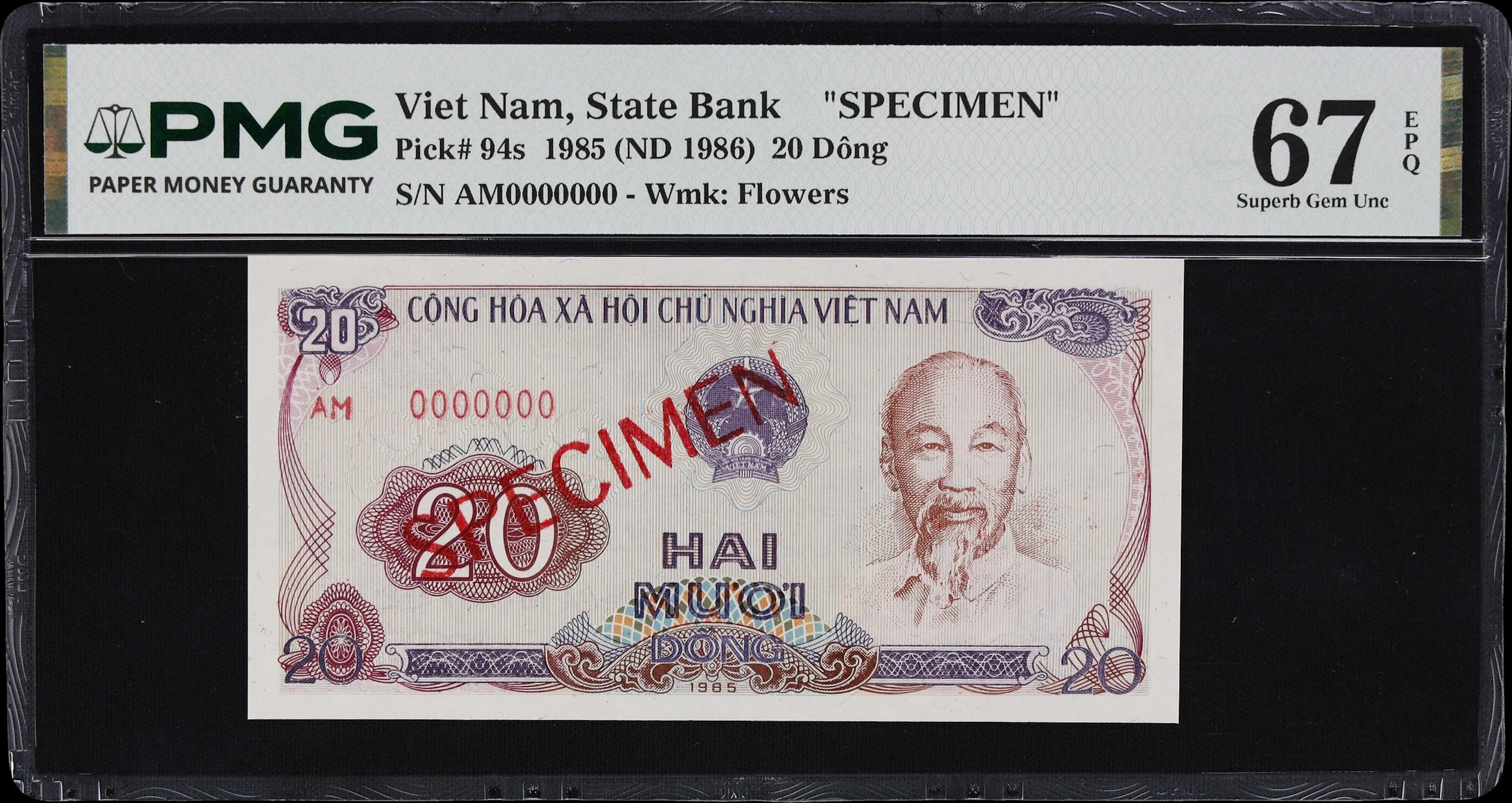 VIETNAM. State Bank of Vietnam. 20 Dong, 1985. P-94s. Specimen. PMG