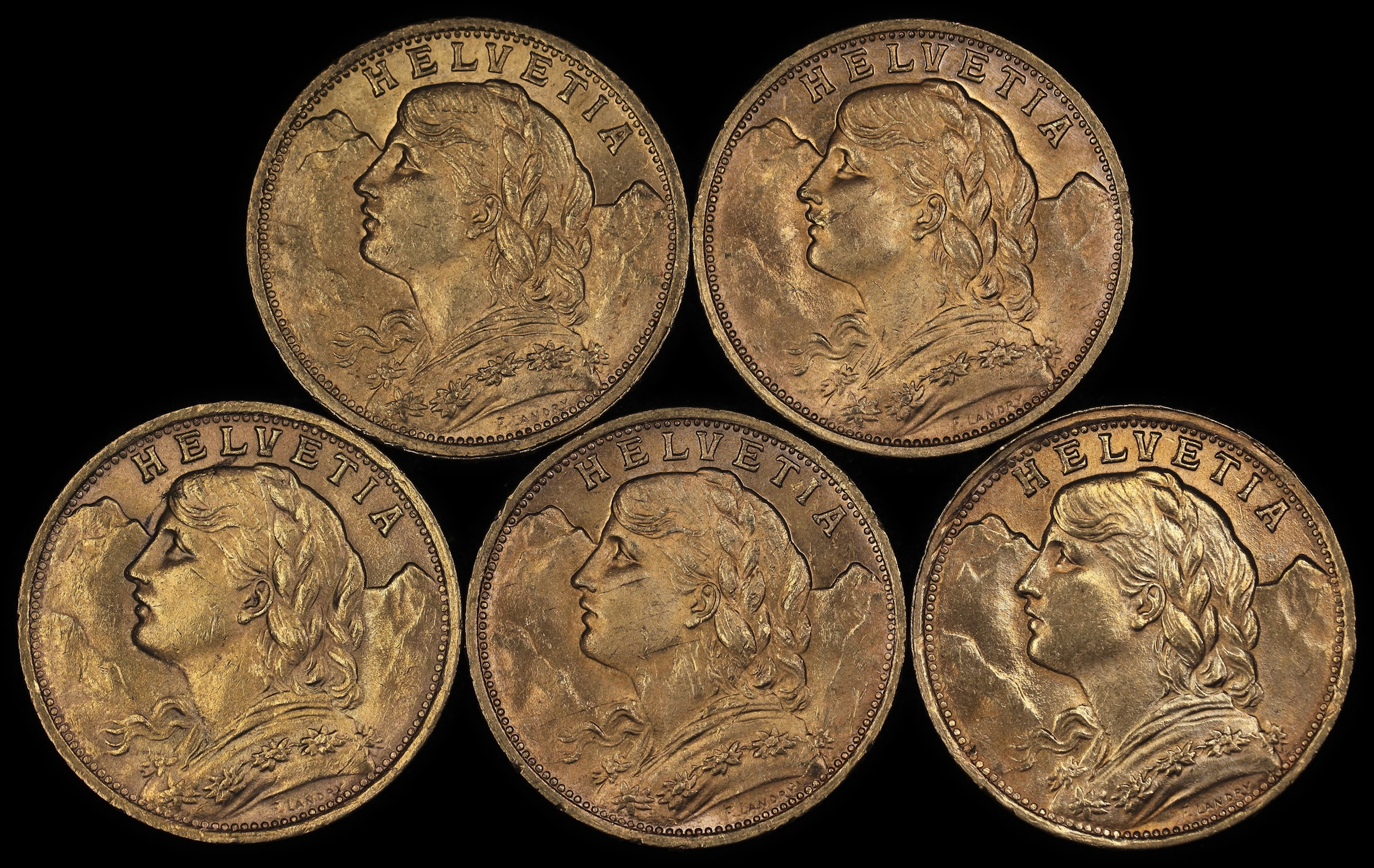 (0.935 oz, 29.082 g AGW). Switzerland. Lot of (5) Mixed Date Gold 20 Francs.