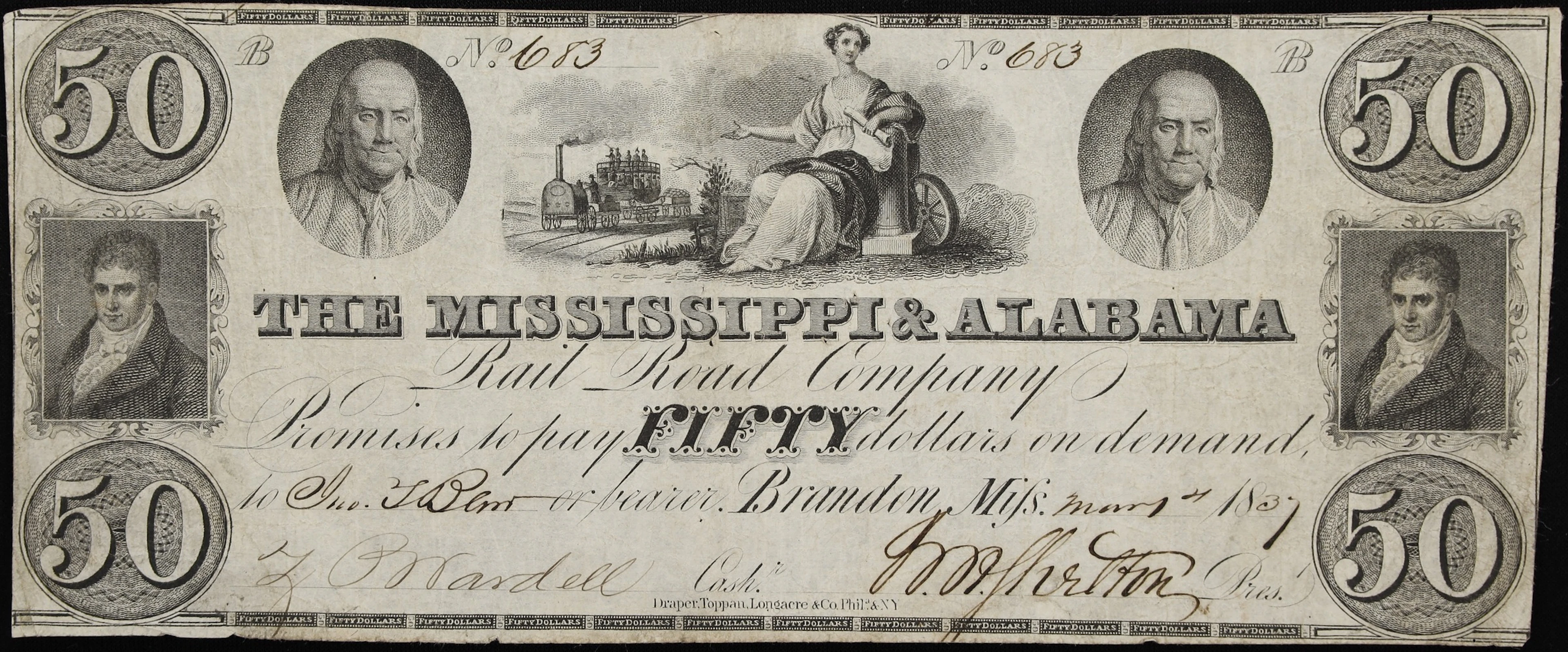 Brandon, Mississippi. Mississippi & Alabama Rail Road Company. 1837