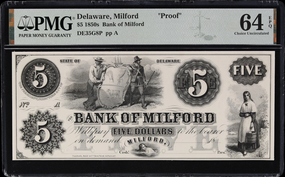 Milford, Delaware. Bank of Milford. 18xx $5. PMG Choice Uncirculated