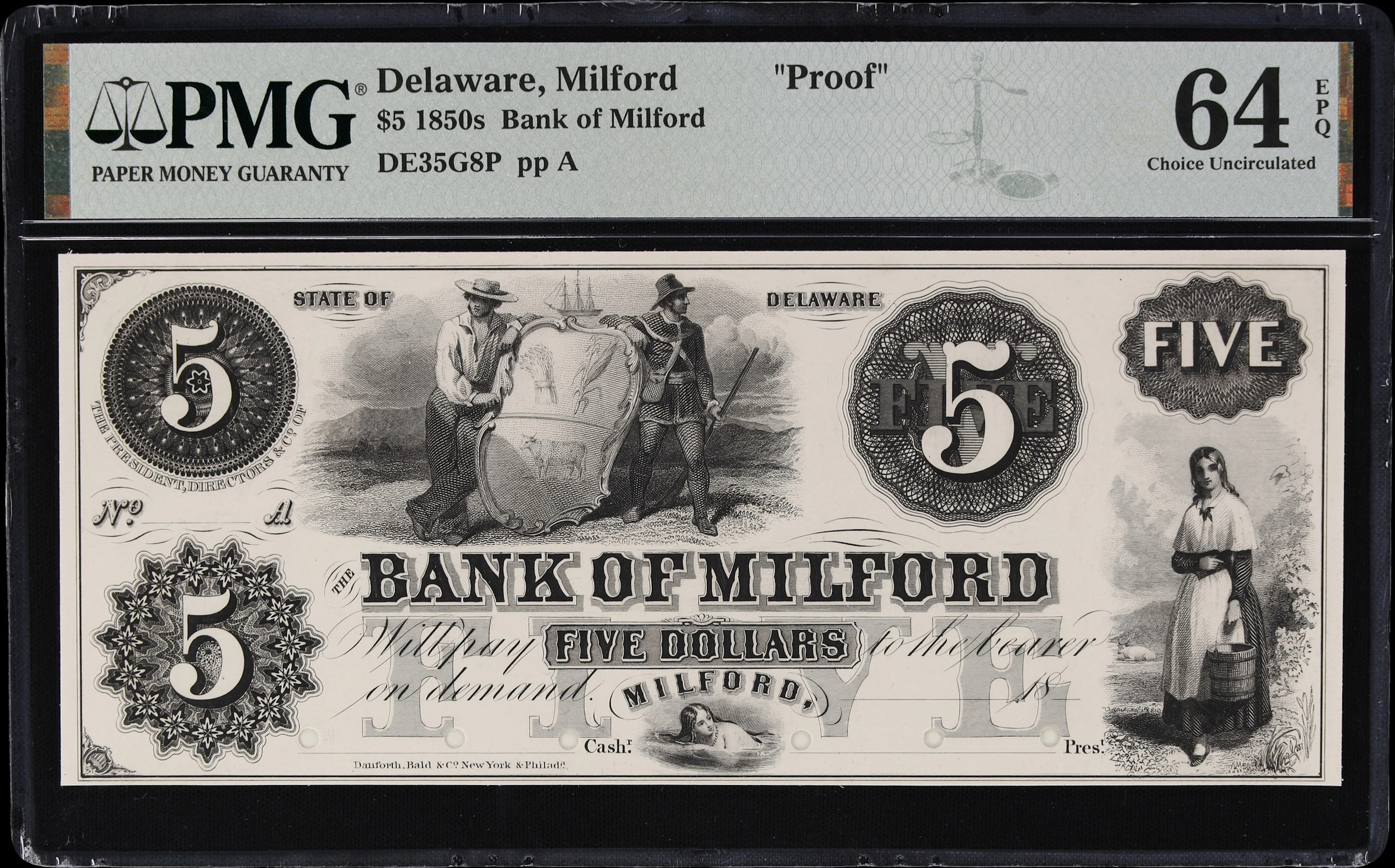 Milford, Delaware. Bank of Milford. 18xx $5. PMG Choice Uncirculated