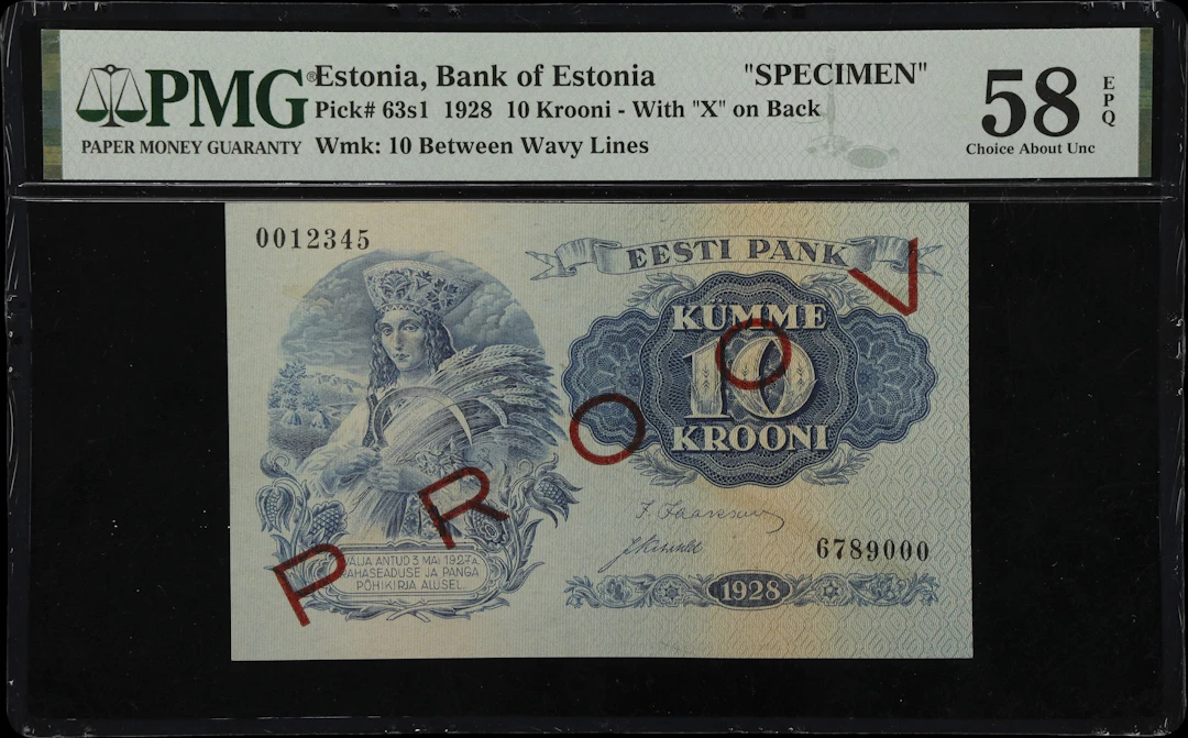 (◊) ESTONIA. Bank of Estonia. 10 Krooni, 1928. P-63s1. Specimen. PMG