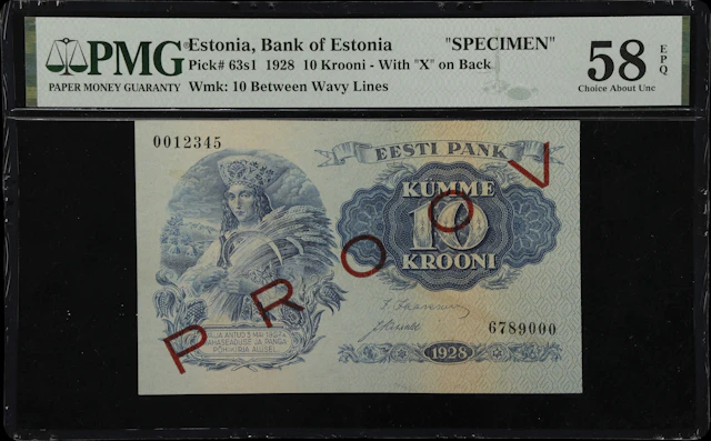 (◊) ESTONIA. Bank of Estonia. 10 Krooni, 1928. P-63s1. Specimen. PMG