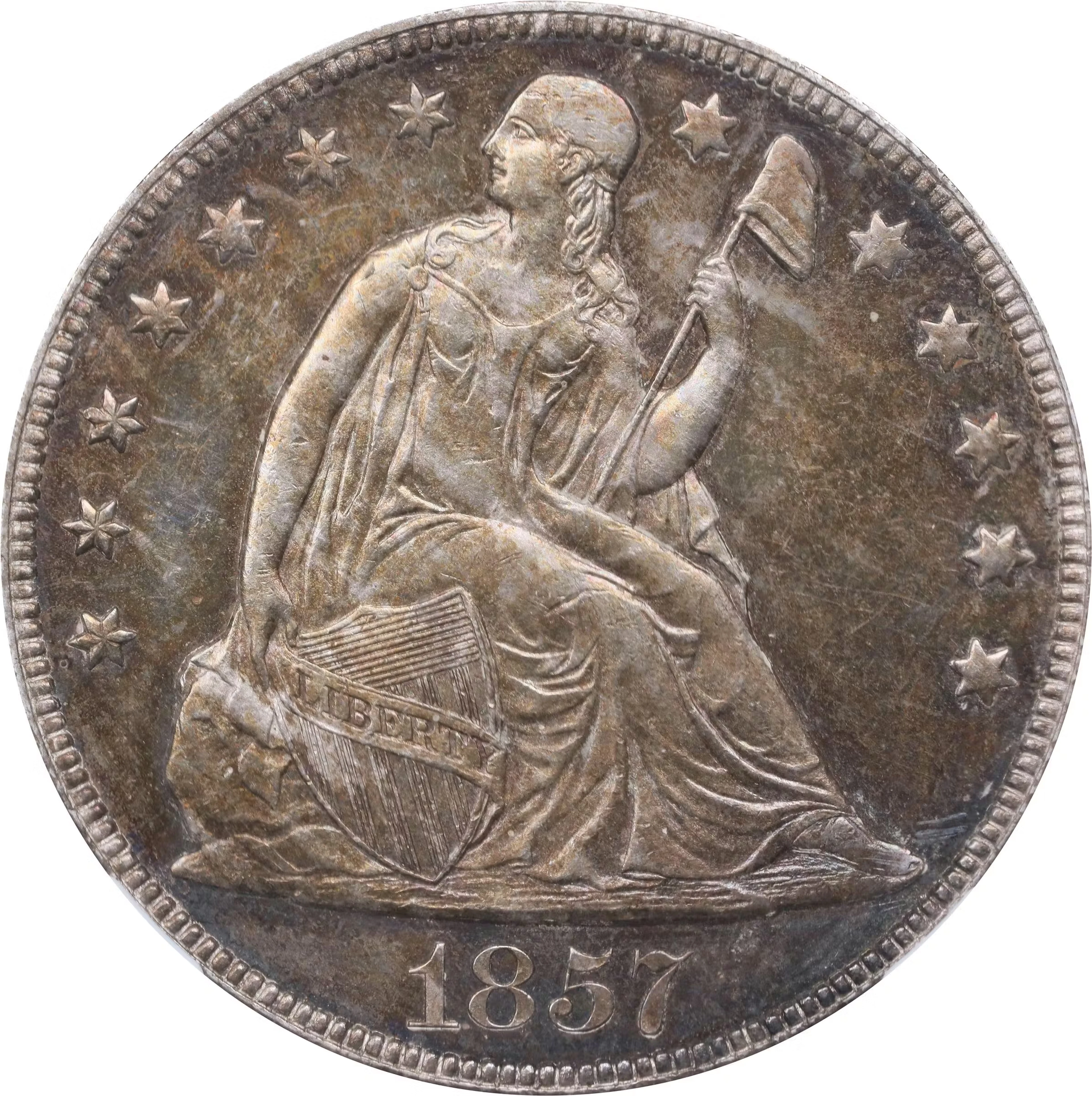1857 Liberty Seated Silver Dollar. OC-2. Rarity-3. MS-61 (NGC). CAC.