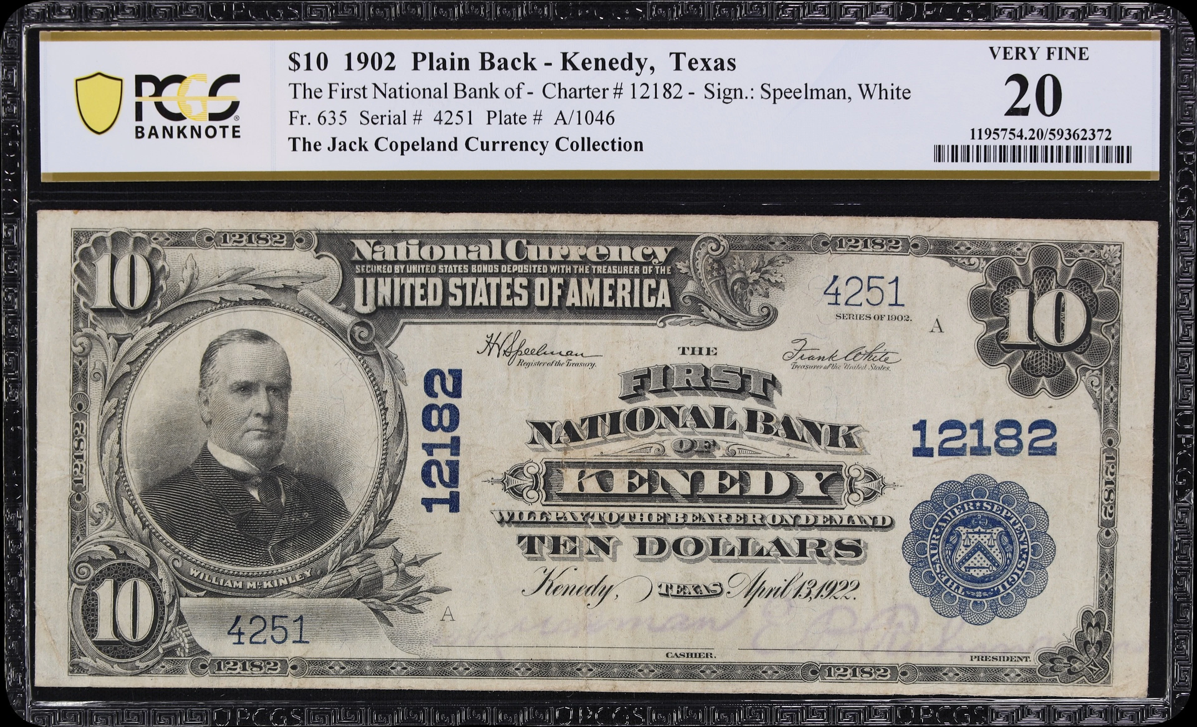 Kenedy, Texas. $10 1902 Plain Back. Fr. 635. First NB. Charter #12182.