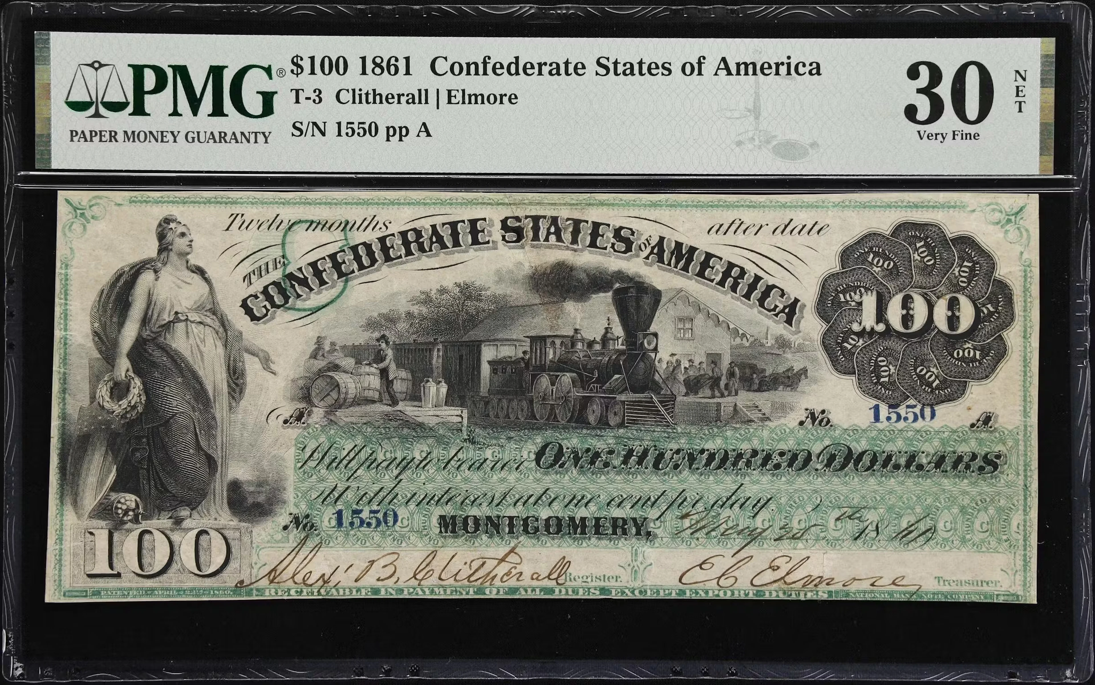 T-3. Confederate Currency. 1861 $100. PMG Very Fine 30 Net. Cancellation