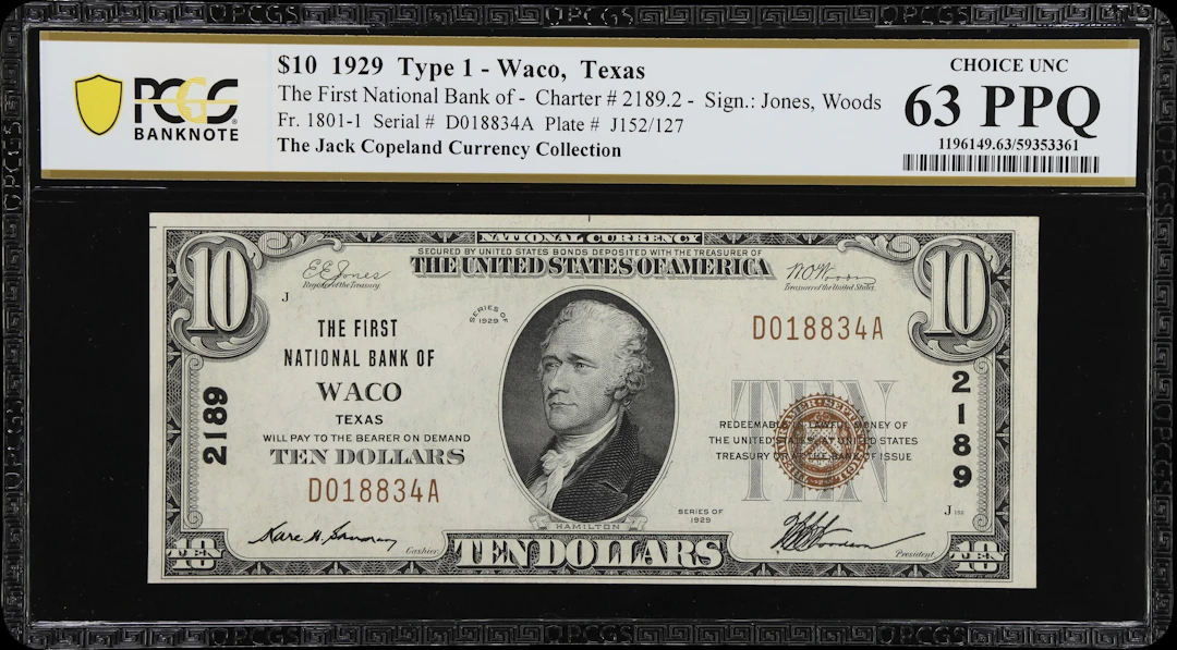 Waco, Texas. $10 1929 Ty. 1. Fr. 1801-1. First NB. Charter #2189.