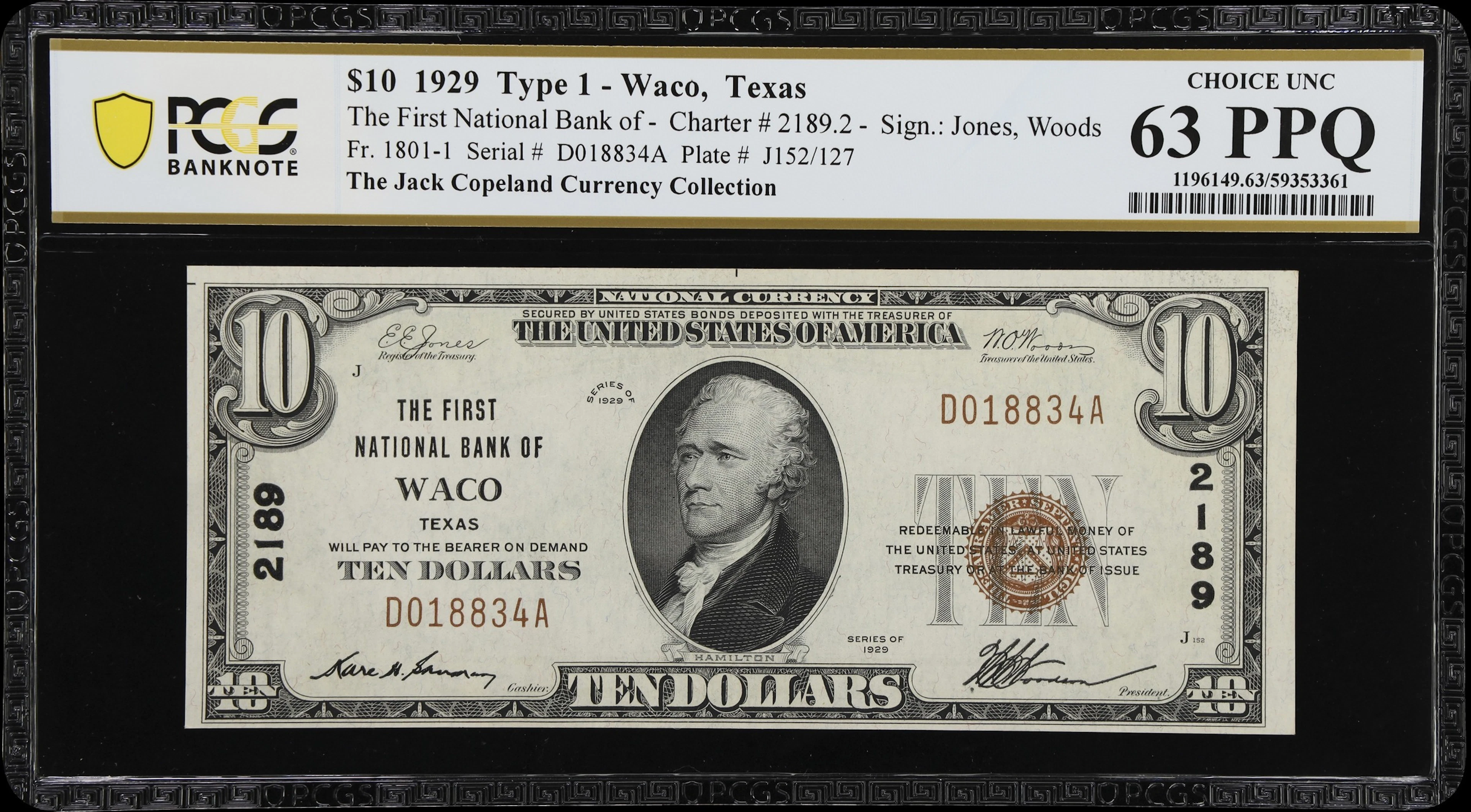 Waco, Texas. $10 1929 Ty. 1. Fr. 1801-1. First NB. Charter #2189.