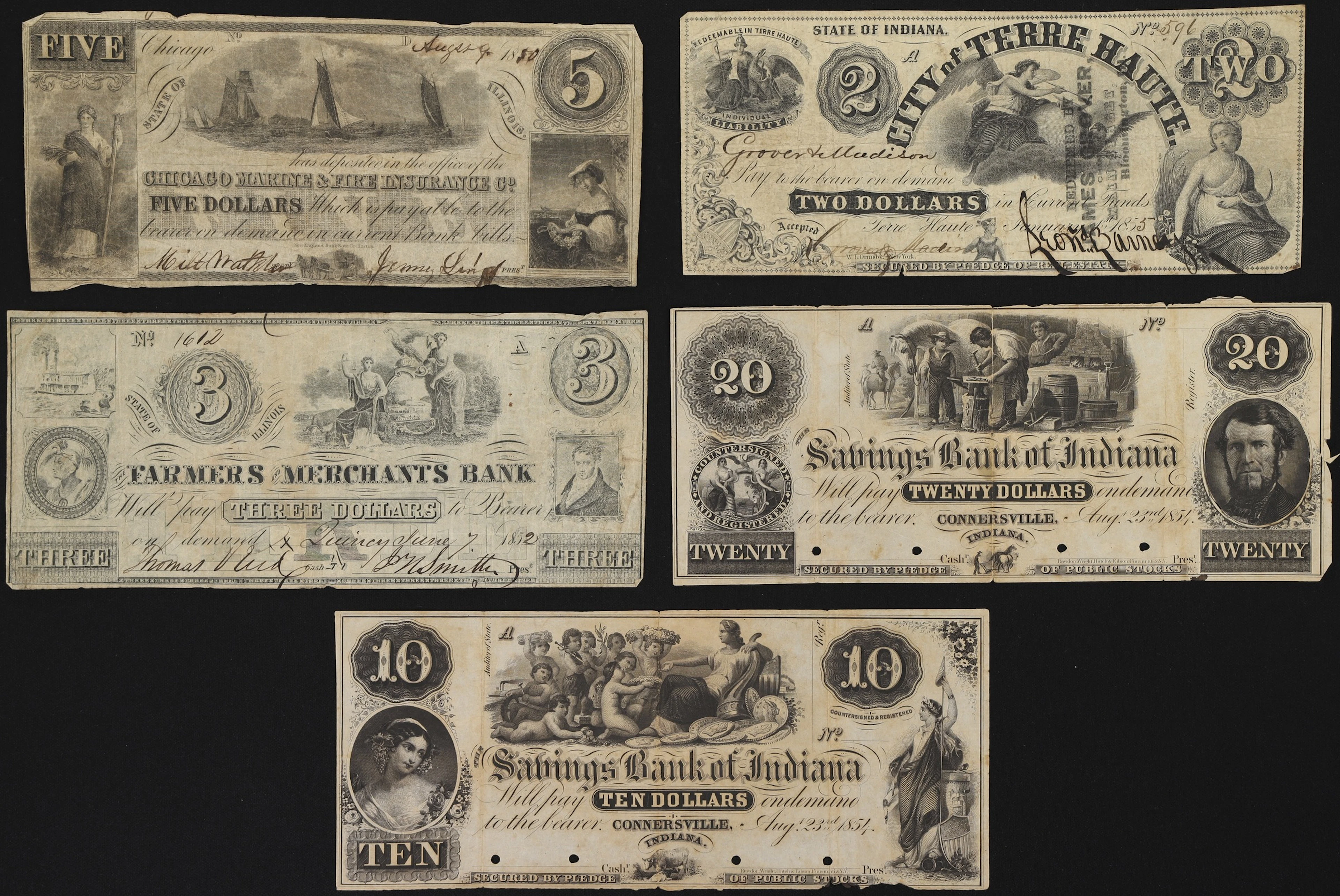 Lot of (5) Illinois & Indiana Obsoletes. Mixed Issuers. 1850s $2