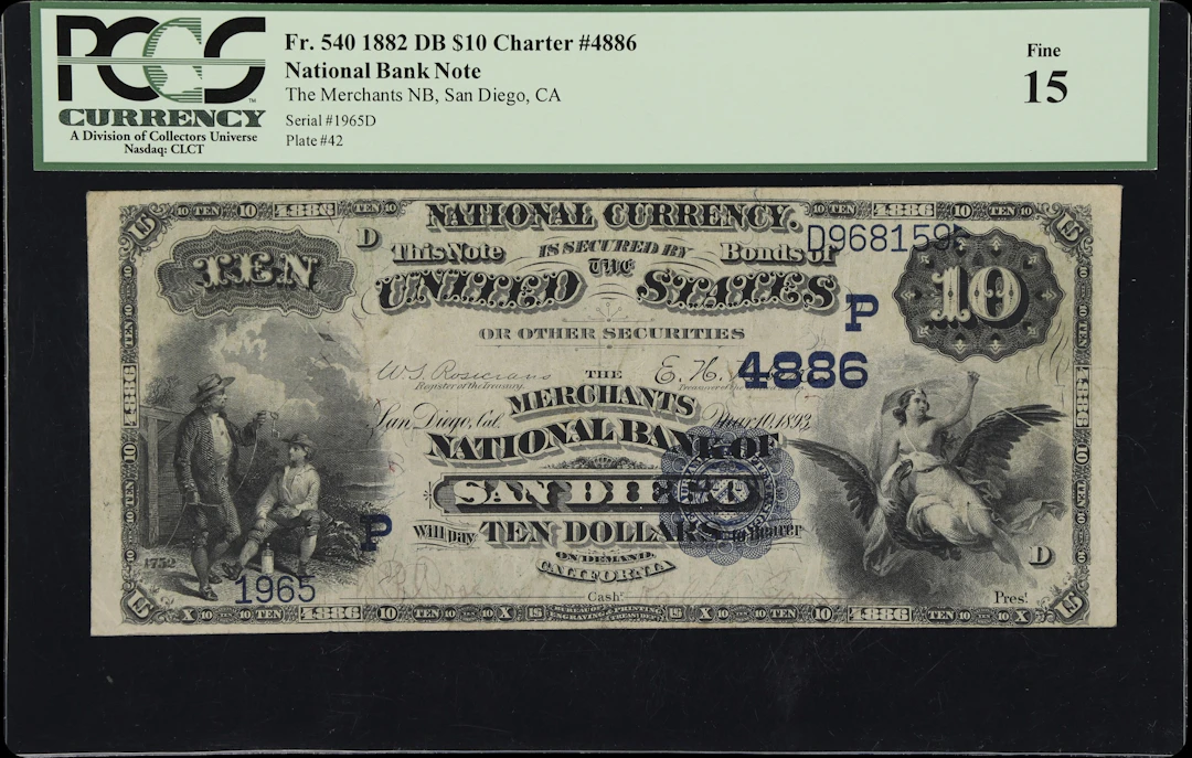 San Diego, California. $10 1882 Date Back. Fr. 540. Merchants NB.