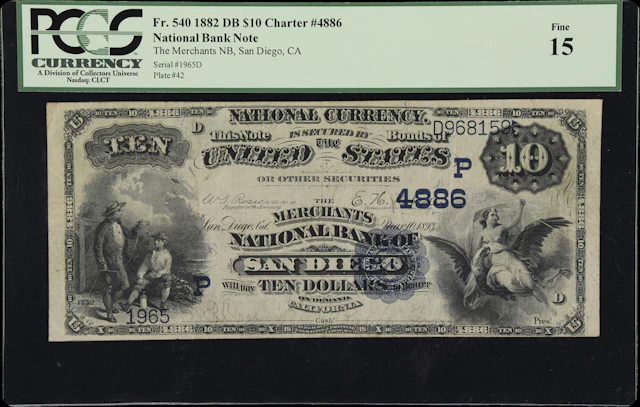 San Diego, California. $10 1882 Date Back. Fr. 540. Merchants NB.