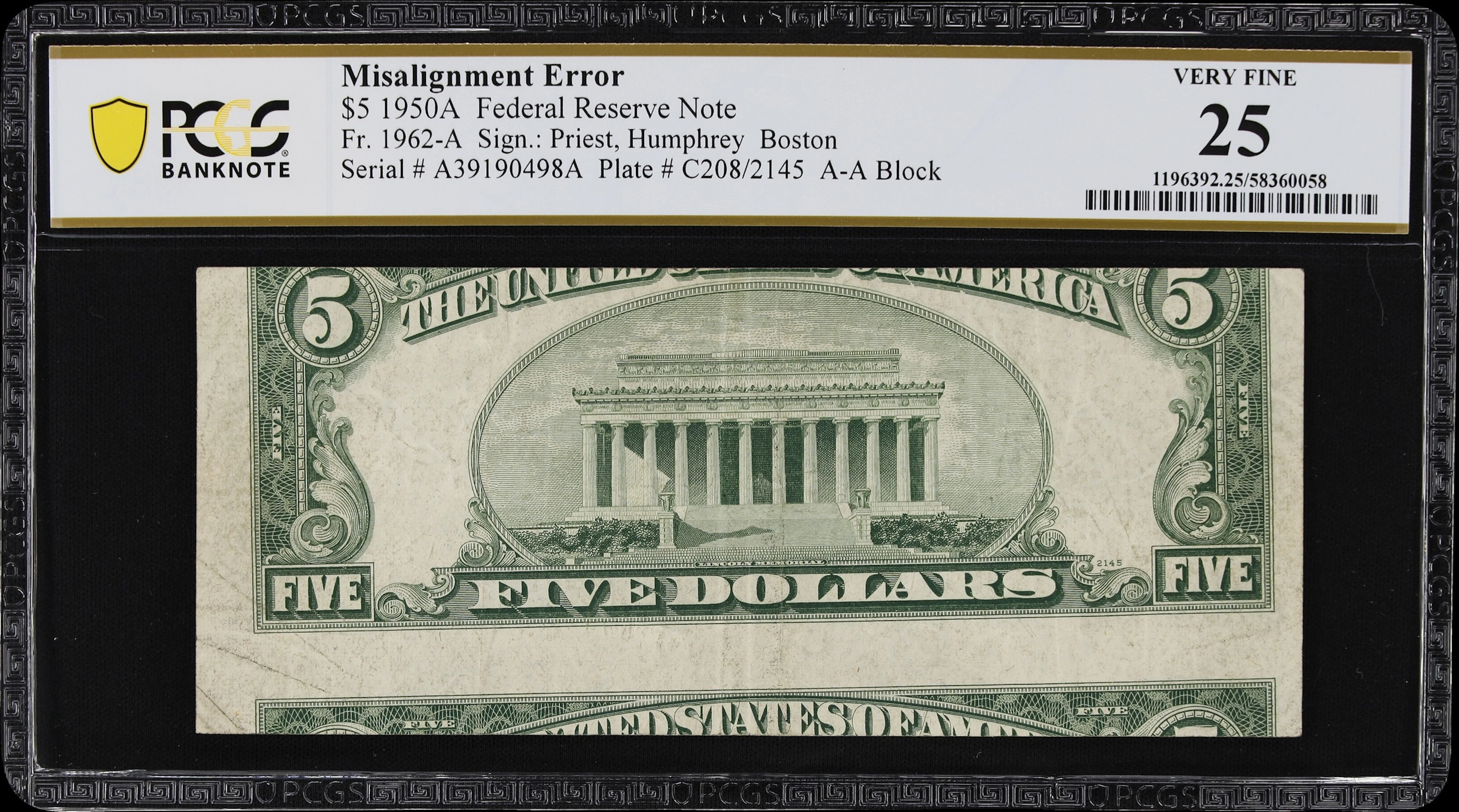 Fr. 1962-A. 1950A $5 Federal Reserve Note. Boston. PCGS Banknote Very