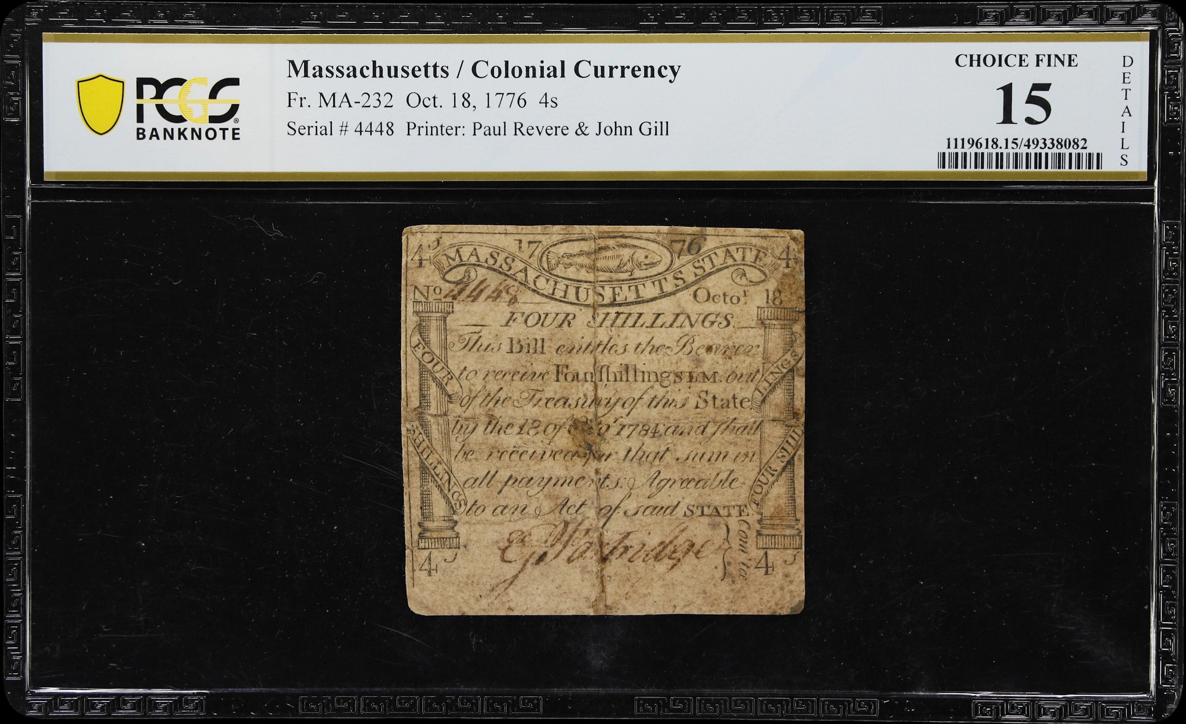 MA-232. Massachusetts. October 18, 1776. 4 Shillings. PCGS Banknote