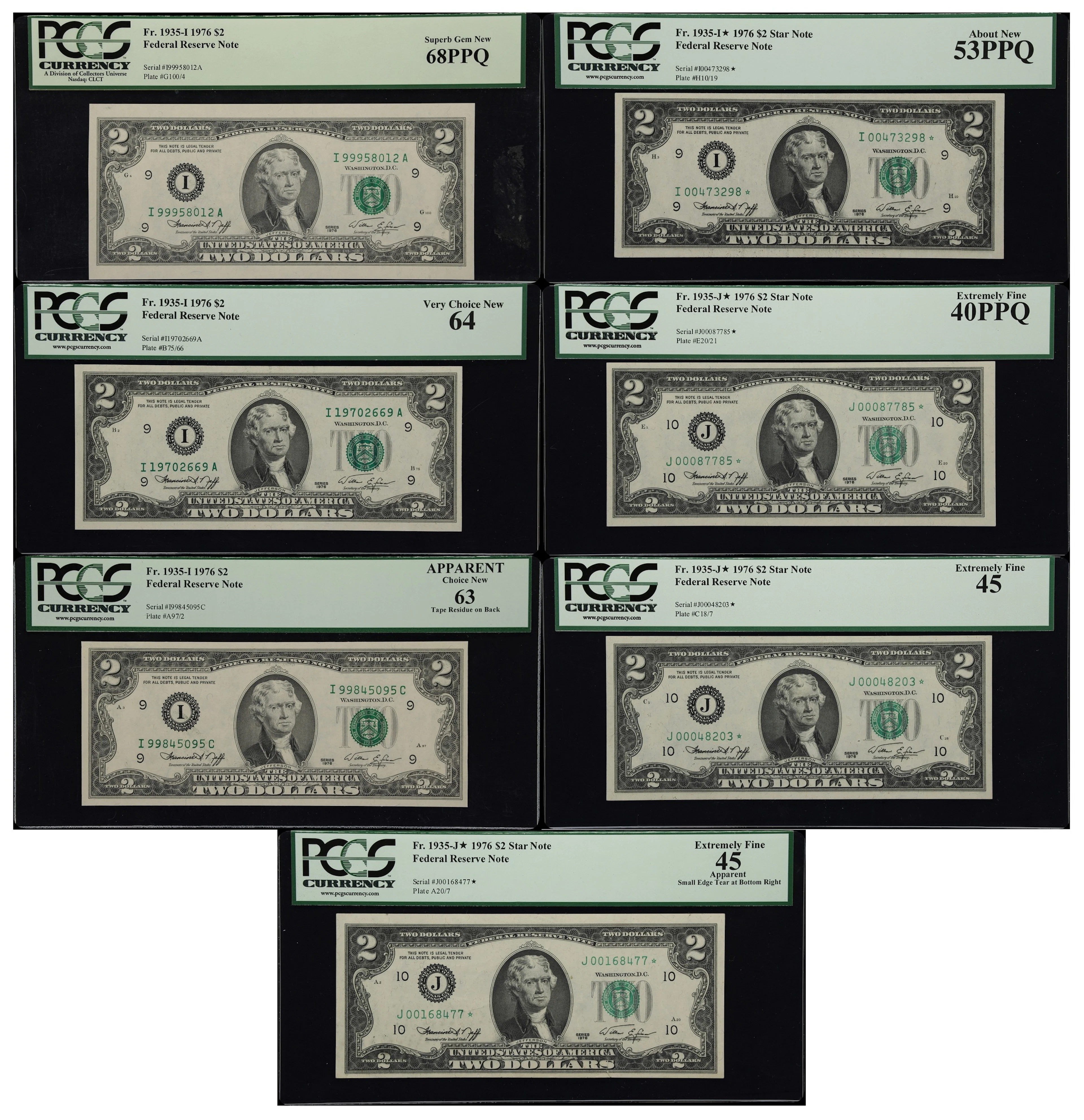 Lot of (7) Fr. 1935-I, 1935-I* & 1935-J*. 1976 $2 Federal Reserve