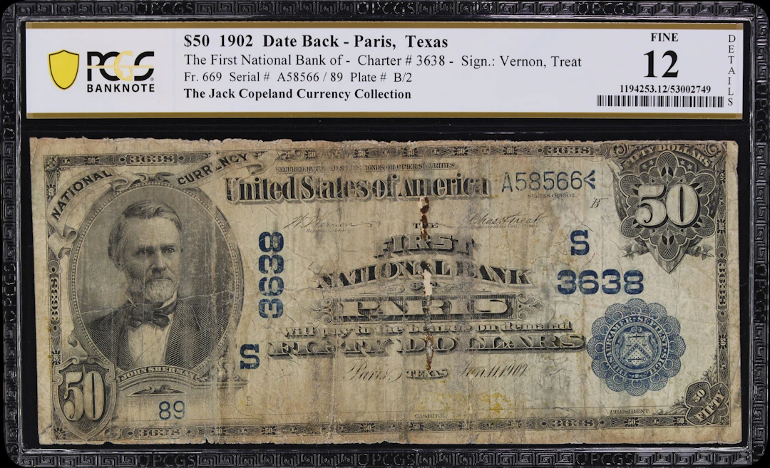 Paris, Texas. $50 1902 Date Back. Fr. 669. First NB. Charter #3638.