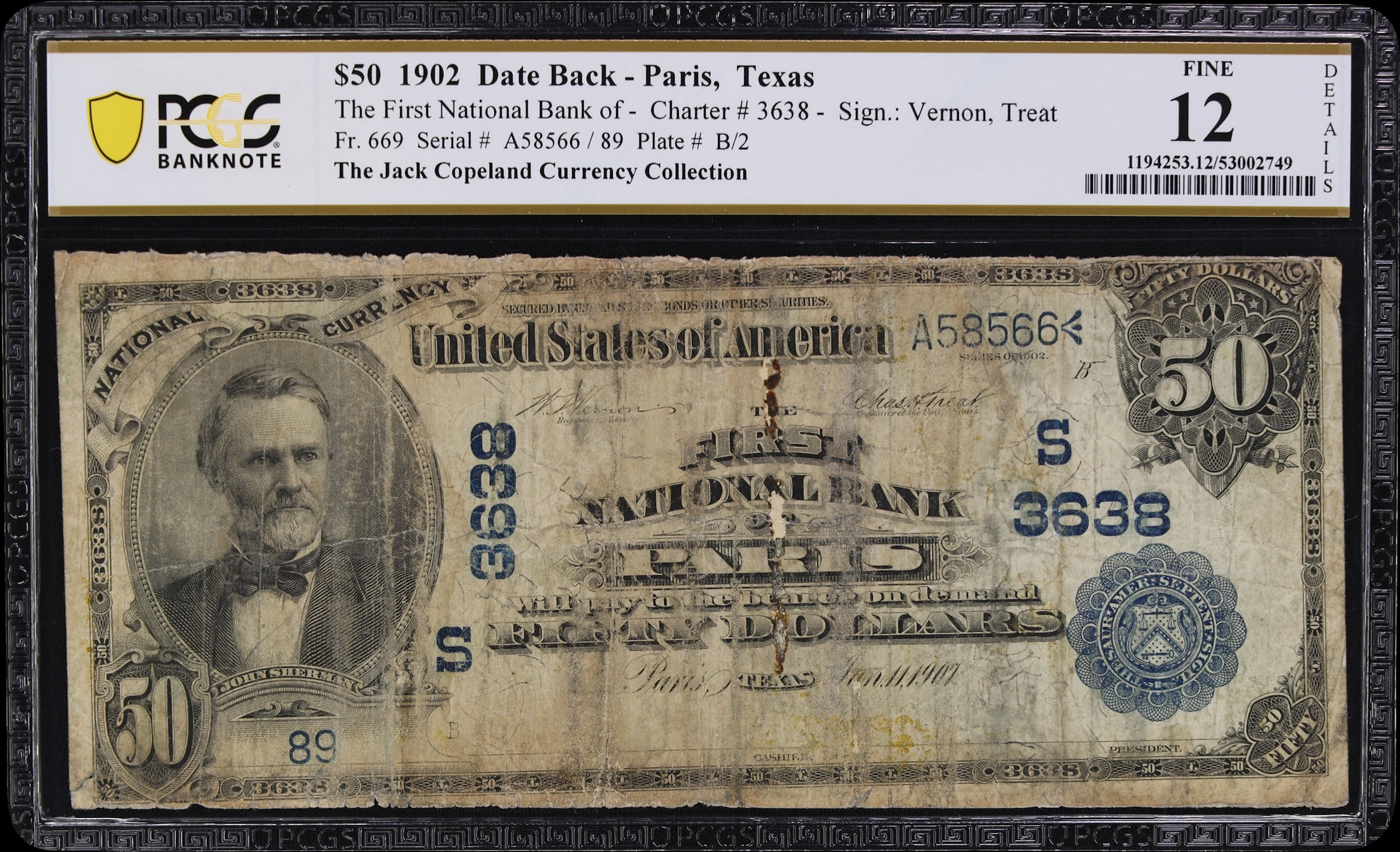 Paris, Texas. $50 1902 Date Back. Fr. 669. First NB. Charter #3638.