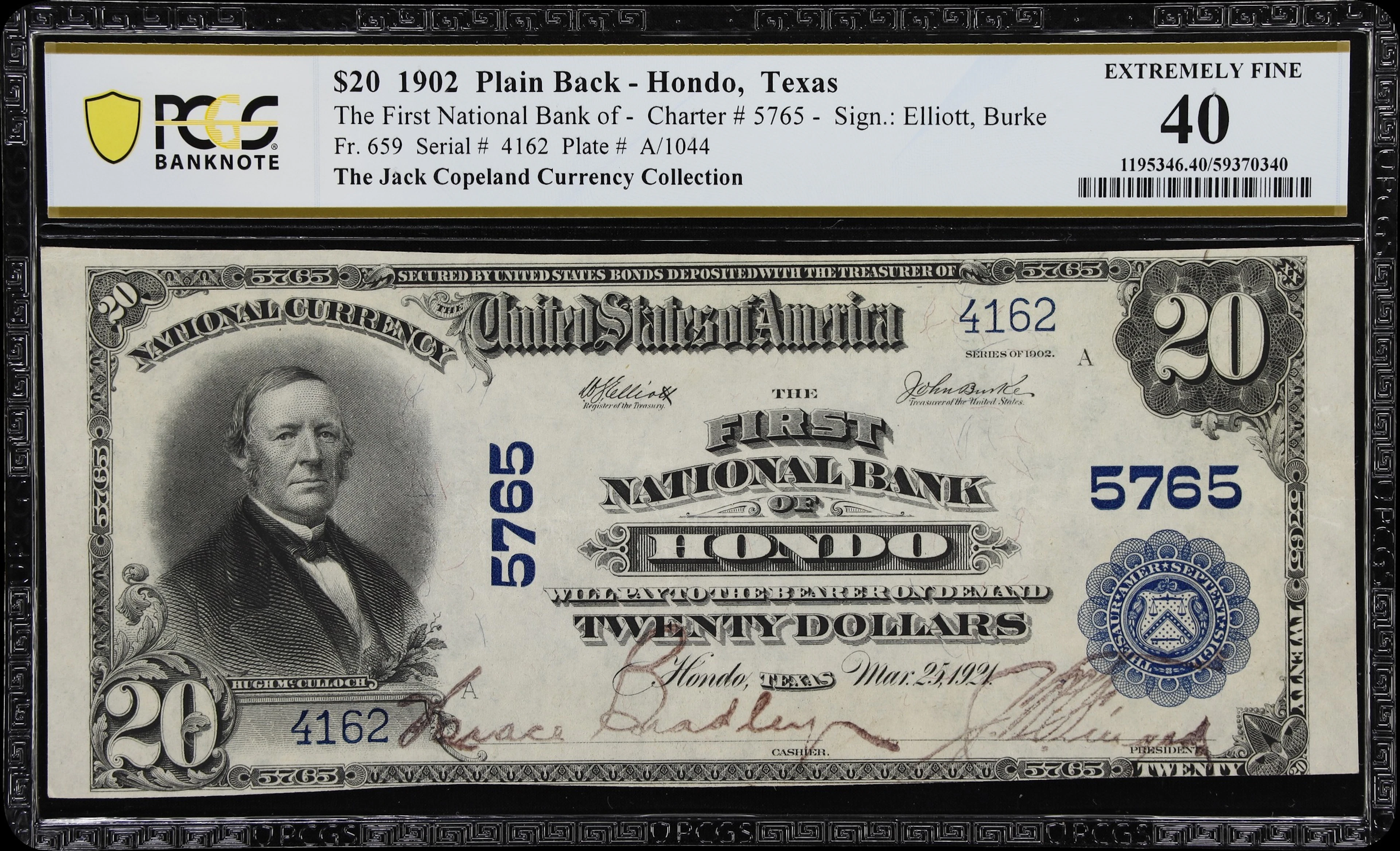 Hondo, Texas. $20 1902 Plain Back. Fr. 659. First NB. Charter #5765.