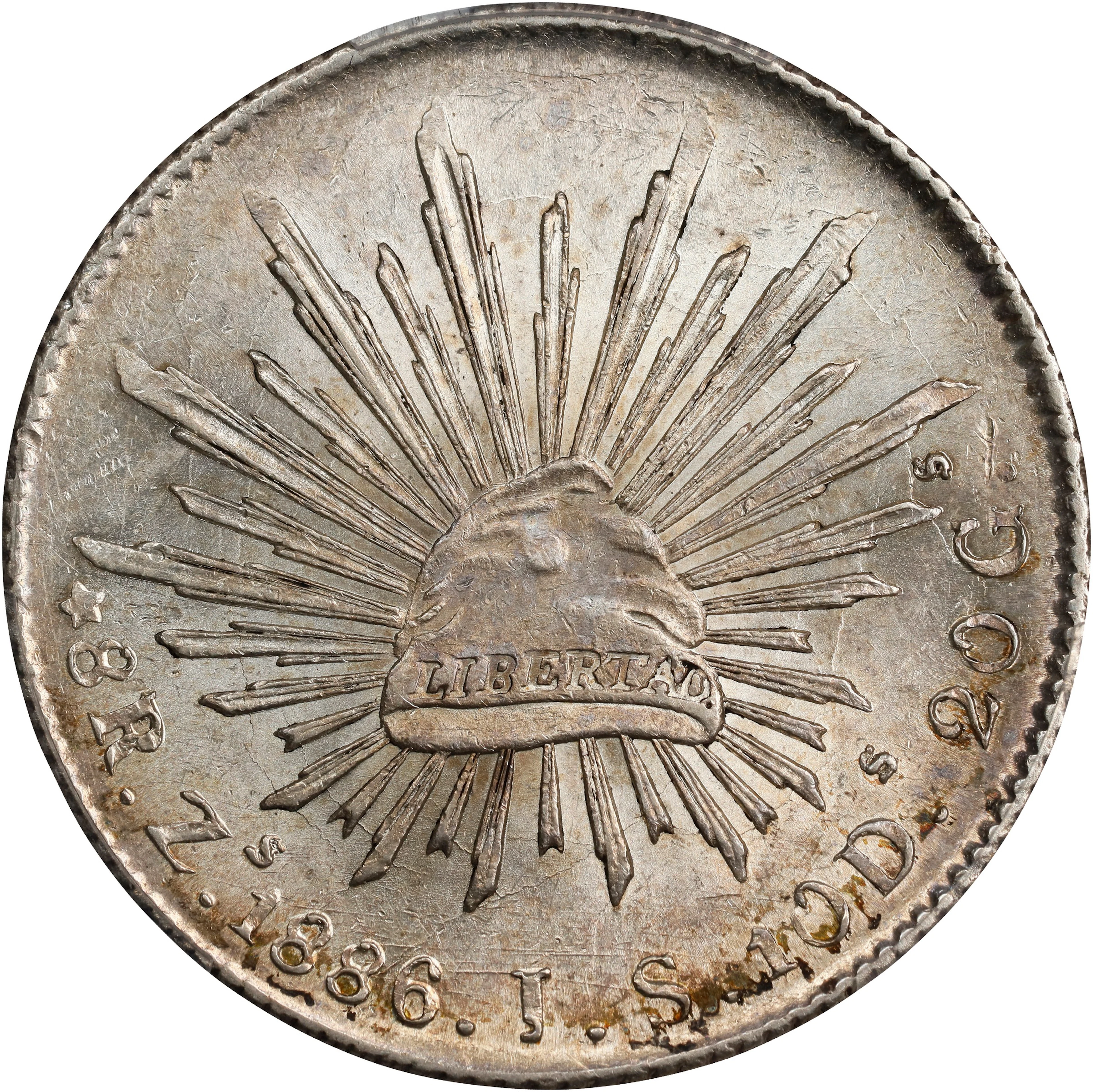 MEXICO. 8 Reales, 1886-Zs JS. Zacatecas Mint. PCGS MS-63.