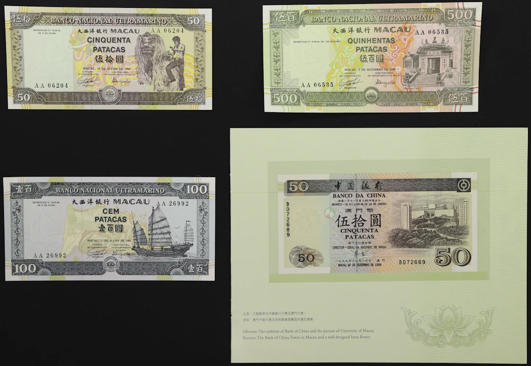 MACAU (SAR). Lot of (4). Banco Nacional Ultramarino & Banco da China.