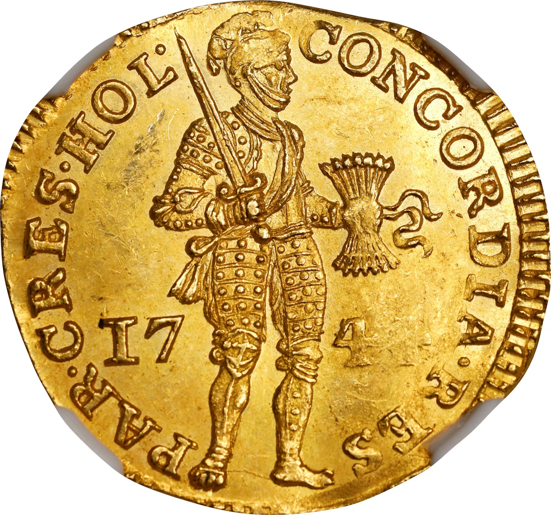 (◊) NETHERLANDS. Holland. Ducat, 1744. Dordrecht Mint. NGC Unc Details--Bent.