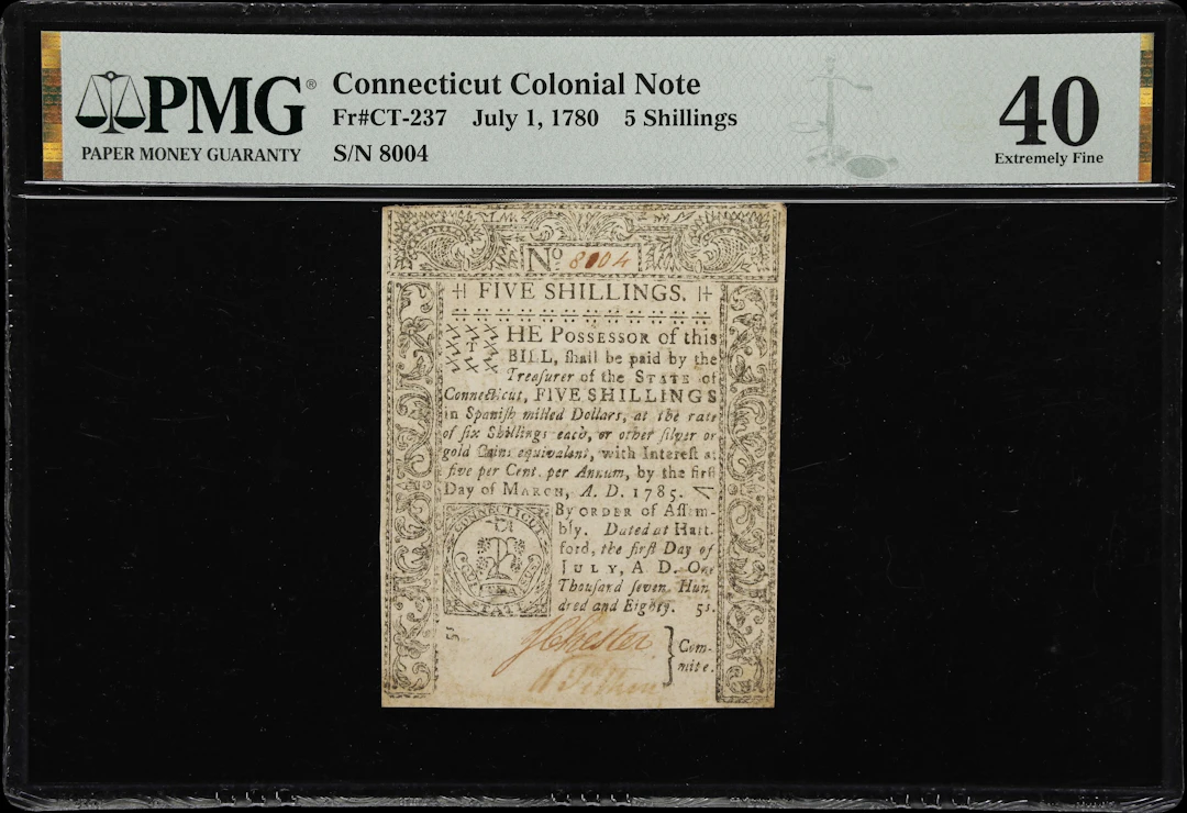 CT-237. Connecticut. July 1, 1780. 5 Shillings. PMG Extremely Fine 40.