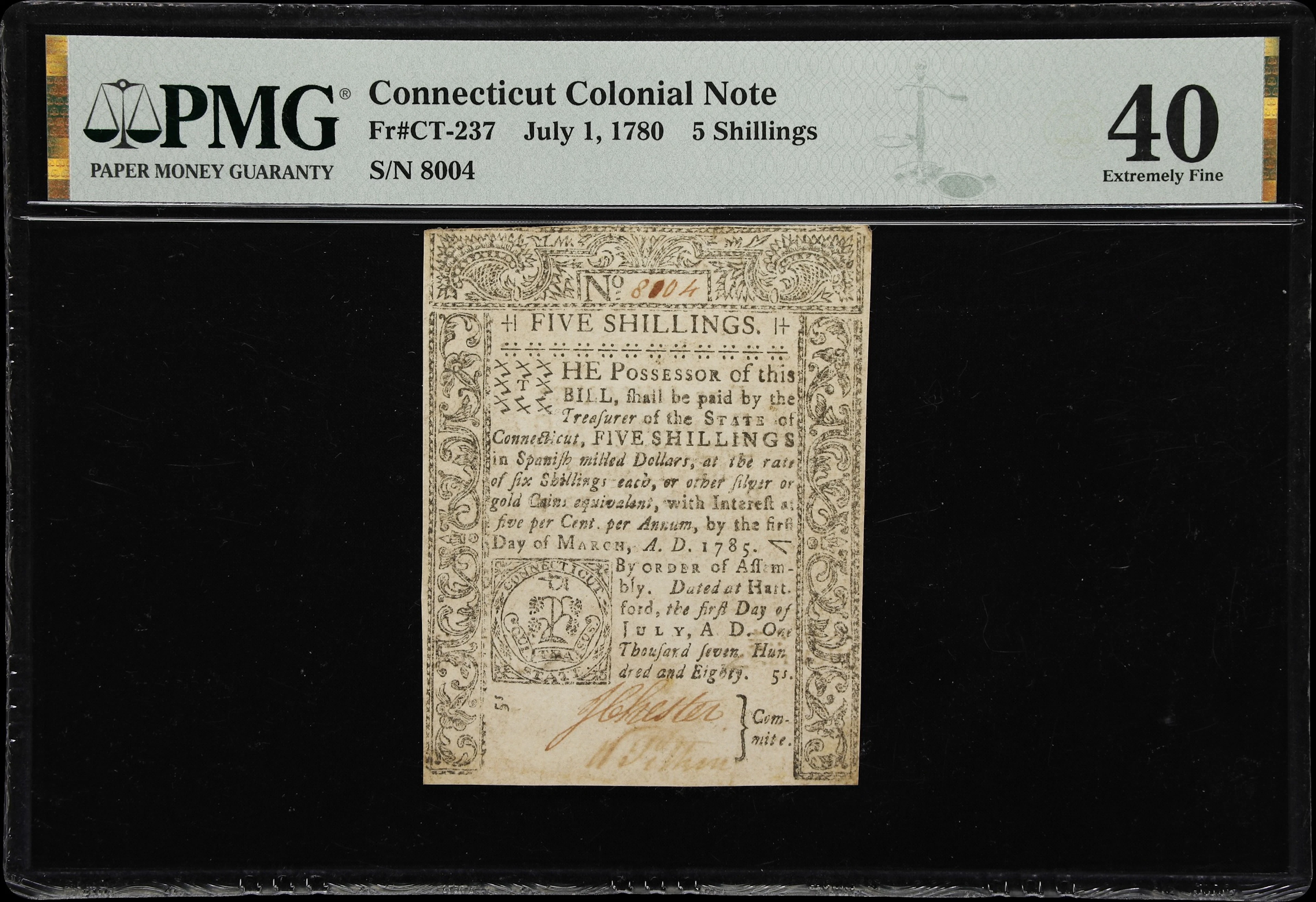 CT-237. Connecticut. July 1, 1780. 5 Shillings. PMG Extremely Fine 40.