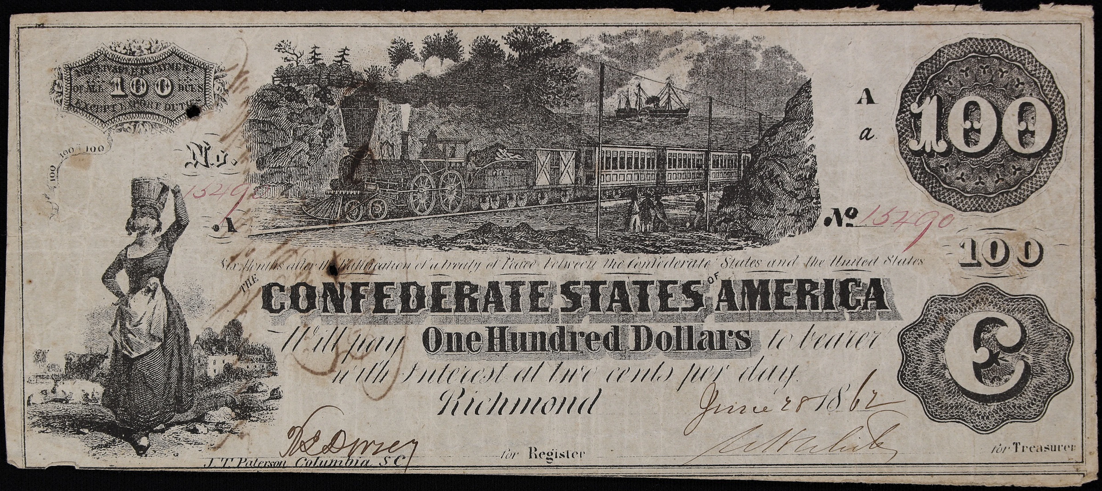 T-39. Confederate Currency. 1862 $100. Very Fine. Penned Endorsement